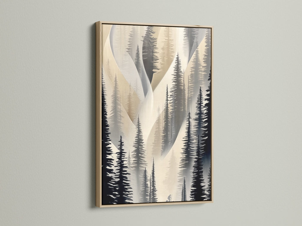 A close up of abstract pine tree artwork showcased in an oak frame. The neutral color artwork enhances the hallway wall decor. The oak frame adds a touch of warmth to the forest canvas print. Perfect for minimalist and Scandinavian interiors. The oak frame complements the nature artwork beautifully.