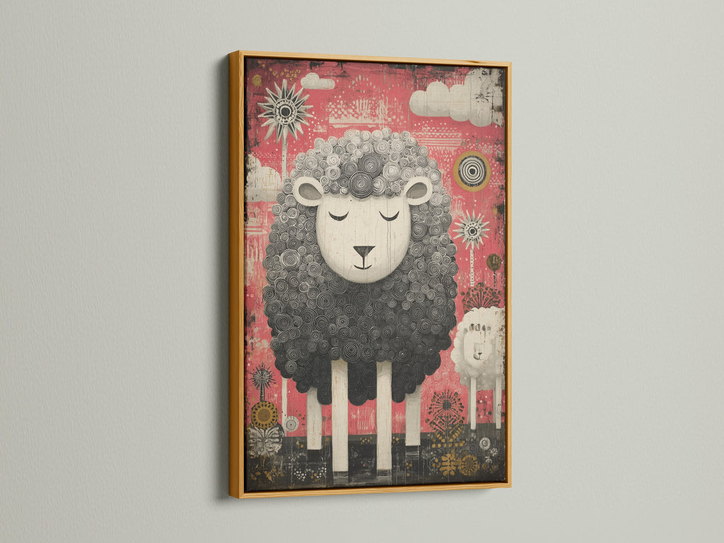 Gold frame displays a cute sheep artwork. The artwork features a black and white sheep. The sheep is set against a pink backdrop. Clouds and suns decorate the background. The gold frame enhances the artwork's elegance.