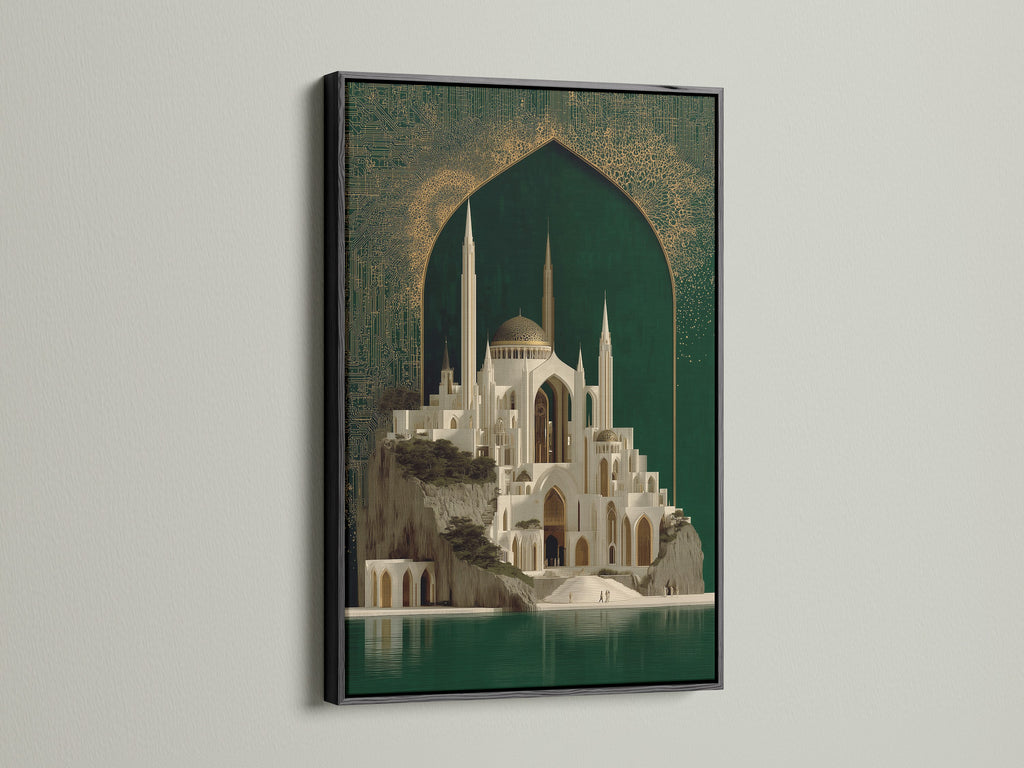 The Islamic Architecture Canvas Artwork is showcased in a sleek black frame. The mosque art combines emerald green and gold. This creates a striking contrast. Ideal for modern spaces. Add a sophisticated focal point with this unique middle eastern art.