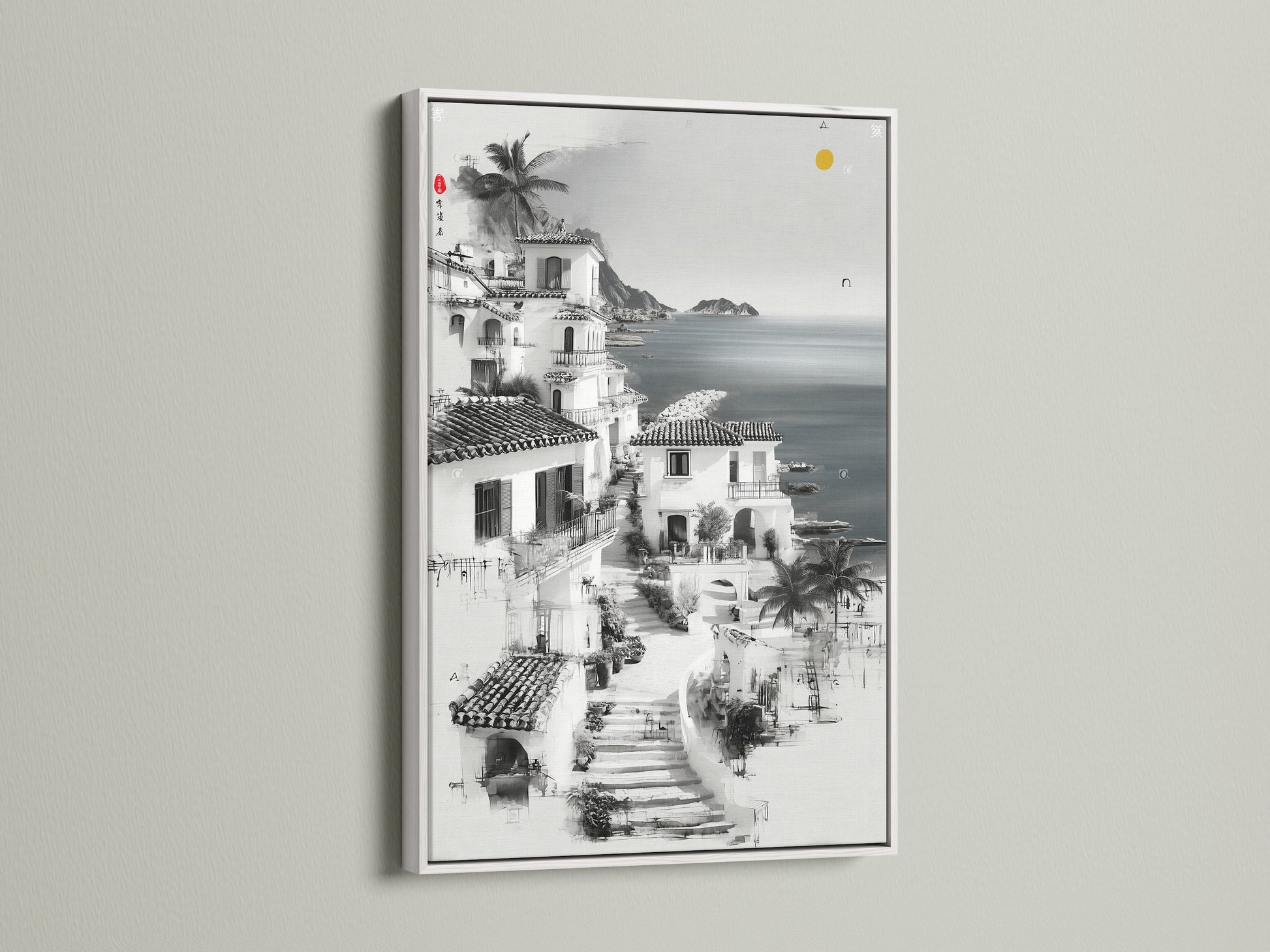 Coastal Village artwork in a white frame. The monochrome print complements minimalist and Scandinavian styles. Transform your space with this serene wall art. It is ideal for living rooms and offices.