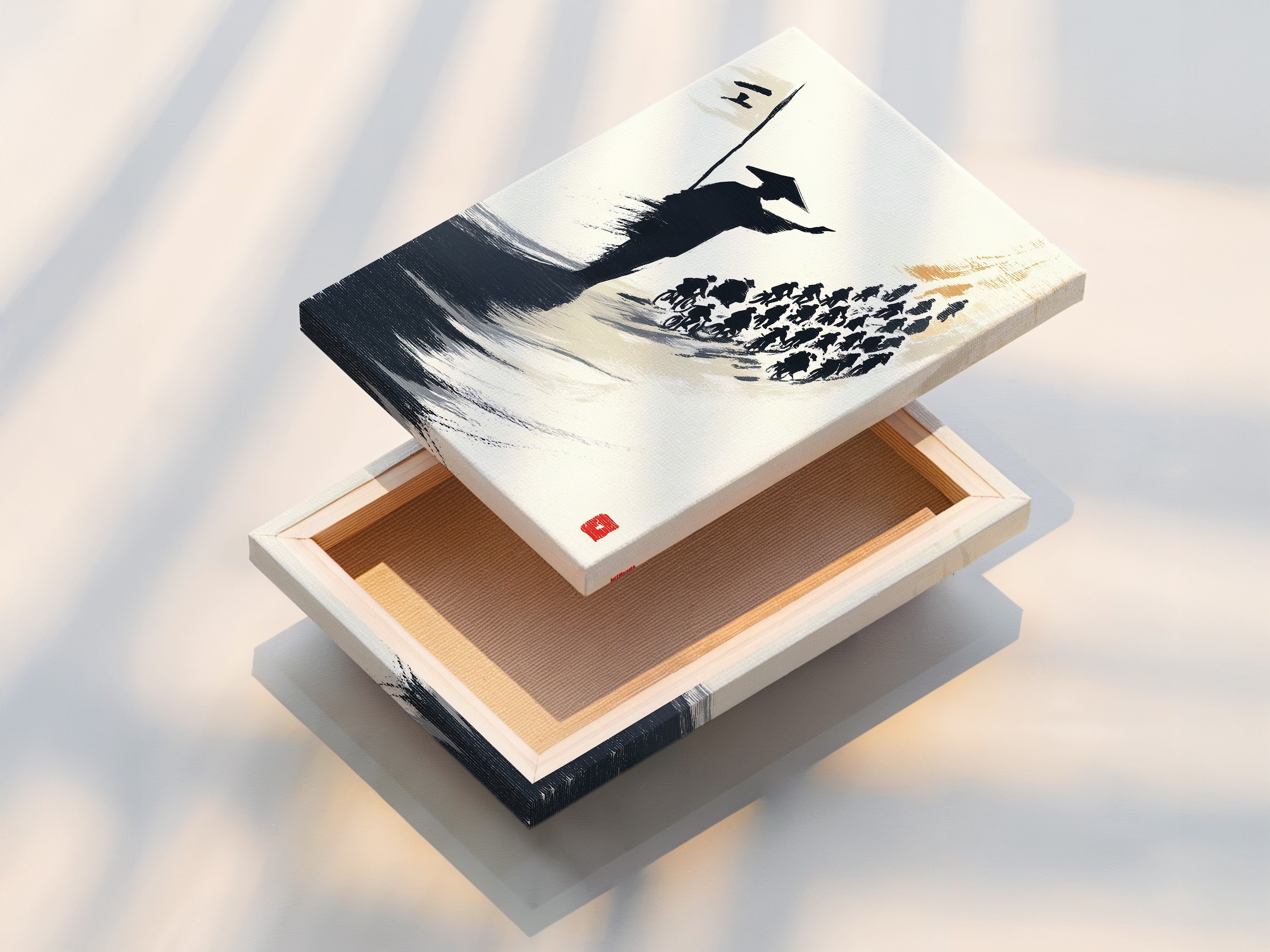 A stretched canvas print displays samurai artwork. This Japanese print features a warrior canvas. The artwork uses the ink wash painting technique. This piece is ideal for creating elevated wall art. It is perfect for minimalist spaces.