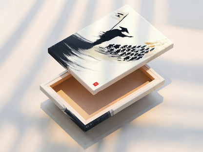 A stretched canvas print displays samurai artwork. This Japanese print features a warrior canvas. The artwork uses the ink wash painting technique. This piece is ideal for creating elevated wall art. It is perfect for minimalist spaces.