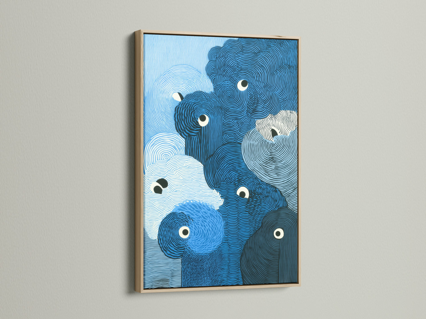 Framed abstract wave artwork in an oak frame is displayed against a neutral wall. The blue ocean art showcases a modern swirl. The print brings a coastal vibe to any room. Ideal for bedroom decor or nautical-themed spaces. This is a stylish wall art solution.