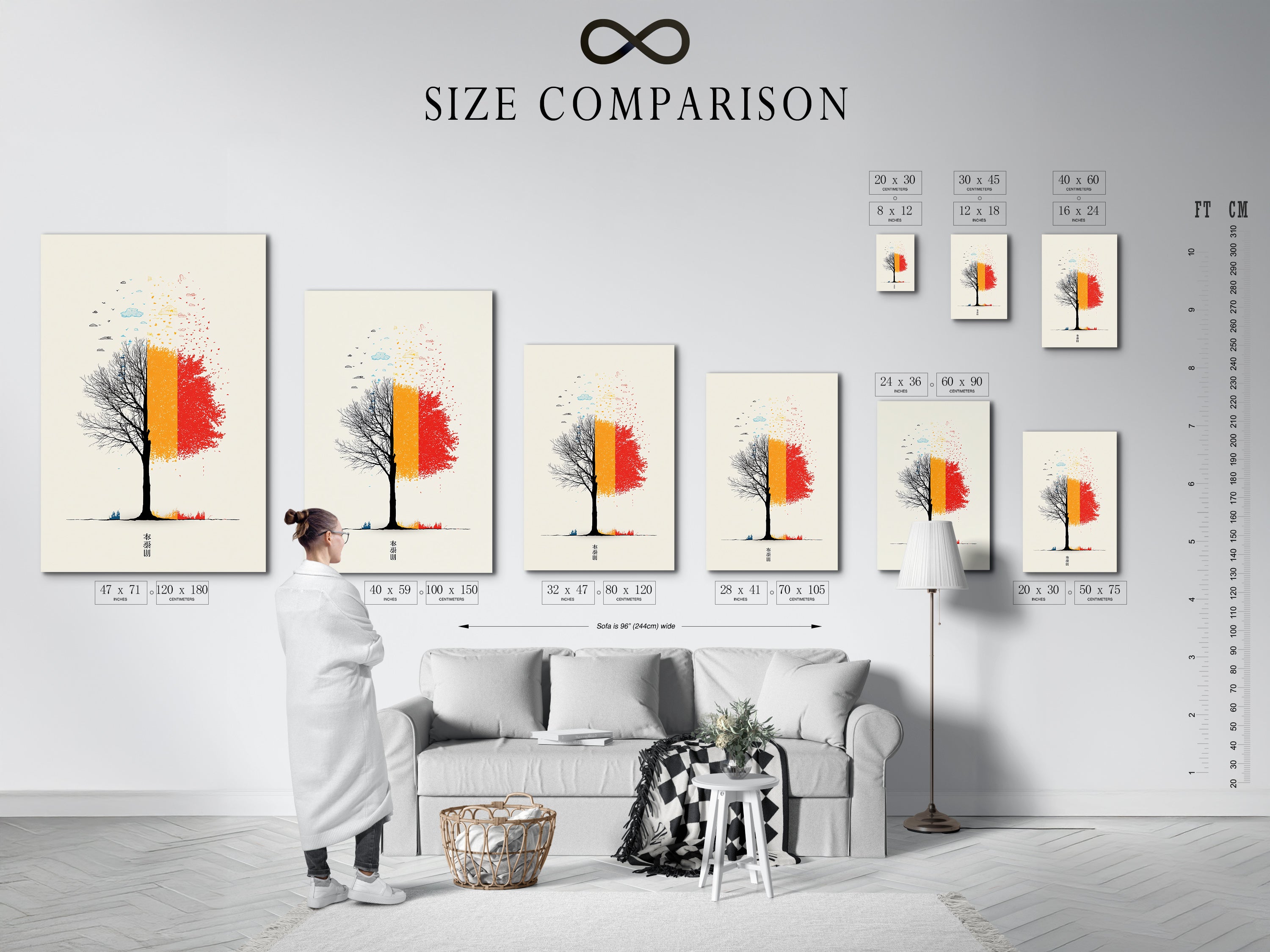 A size comparison chart displayed in an interior setting. Helping you visualize the perfect fit for your space. Explore options for modern wall art. Find the ideal size for your abstract tree artwork. Enhance your office or home with colorful artwork.