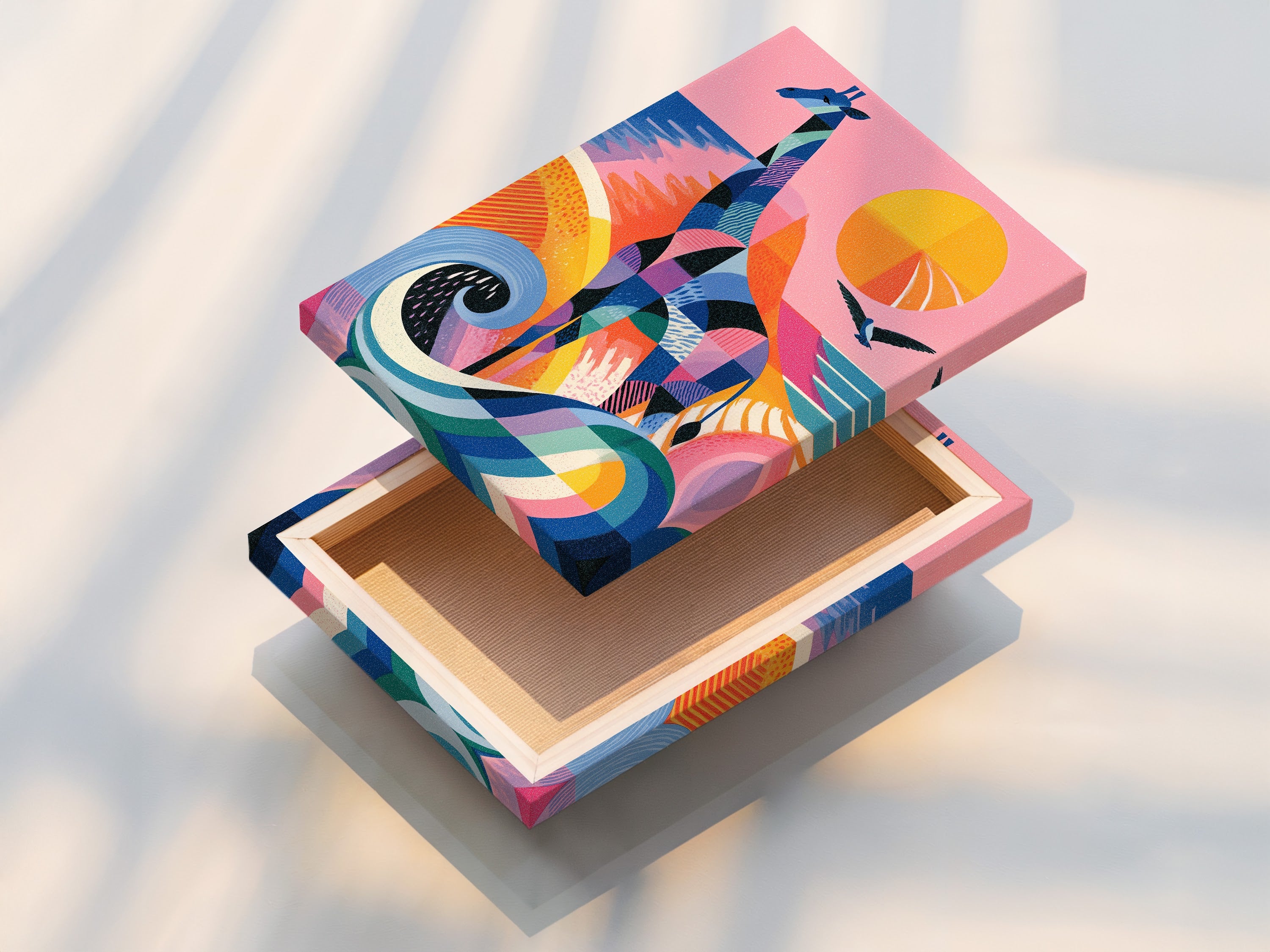 This is a stretched canvas print featuring a colorful giraffe artwork. The modern abstract wildlife art is perfect for kids rooms. Add a vibrant touch to your nursery wall decor. The geometric animal art creates a playful and contemporary atmosphere.