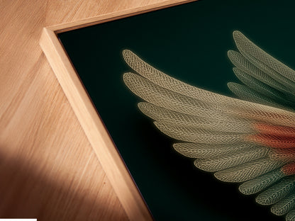 A close-up angled view of a canvas print in a floating frame. This elegant bird artwork is a piece of fantasy wall art. The neutral tones and whimsical style make it perfect for contemporary spaces.