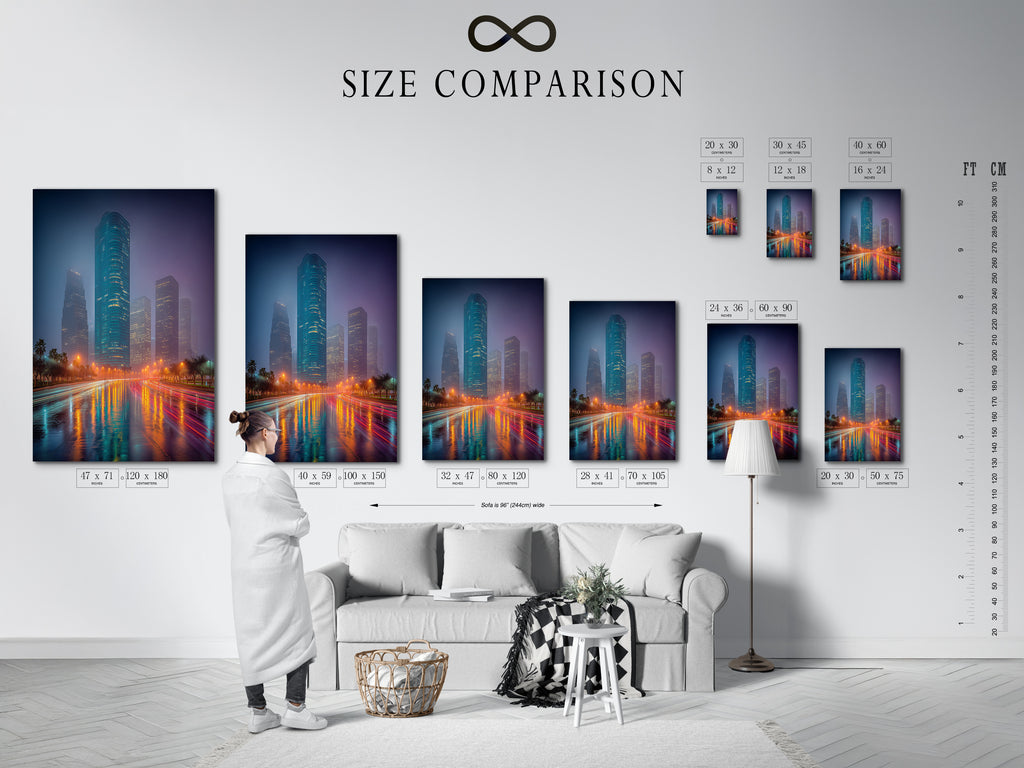 Examine a size comparison chart in an interior setting. This chart helps you visualize the artwork's dimensions. See how different sizes fit various spaces. Perfect for planning your urban wall art arrangement. Choose the ideal size for your cityscape canvas.