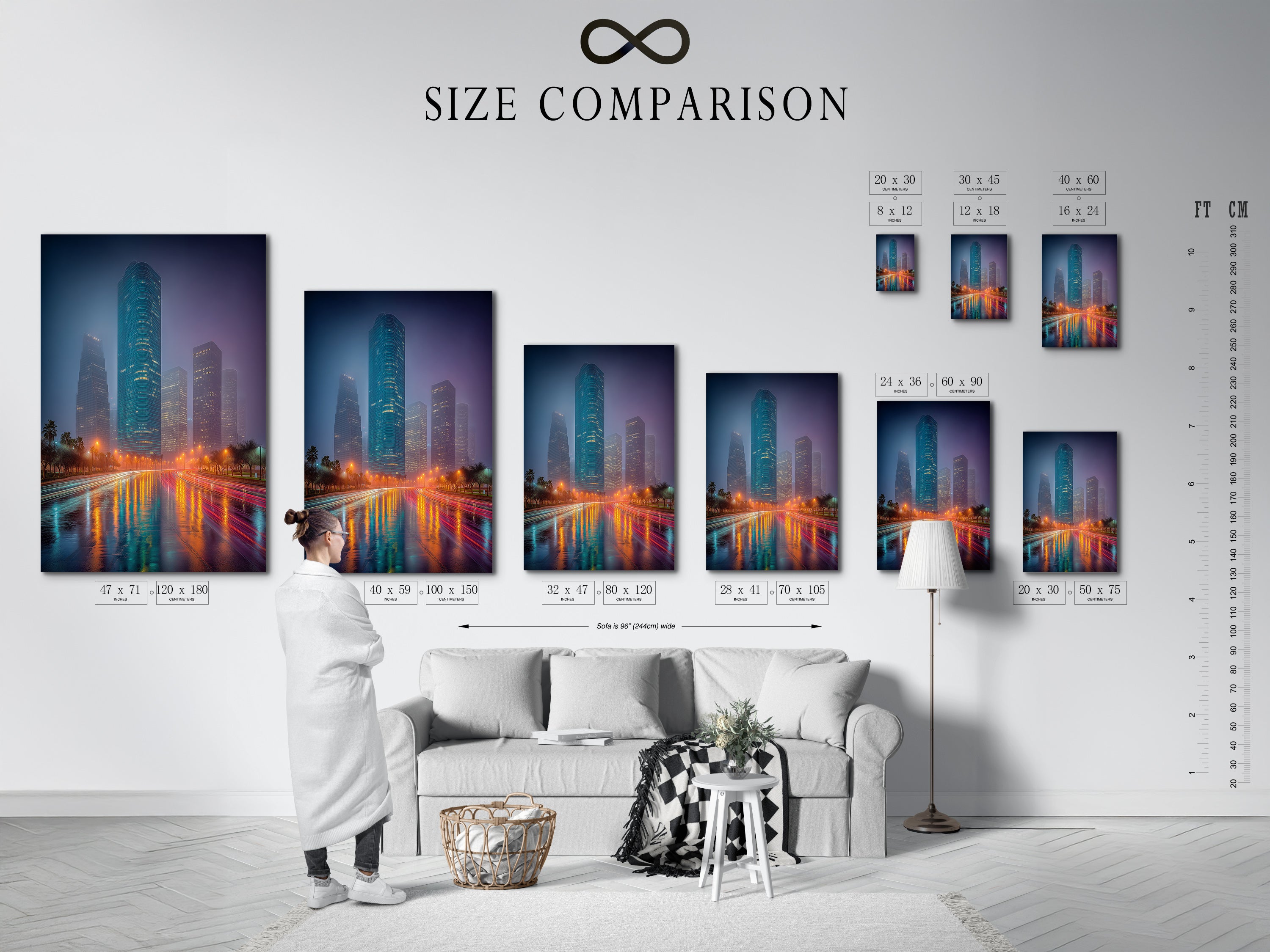 Examine a size comparison chart in an interior setting. This chart helps you visualize the artwork's dimensions. See how different sizes fit various spaces. Perfect for planning your urban wall art arrangement. Choose the ideal size for your cityscape canvas.