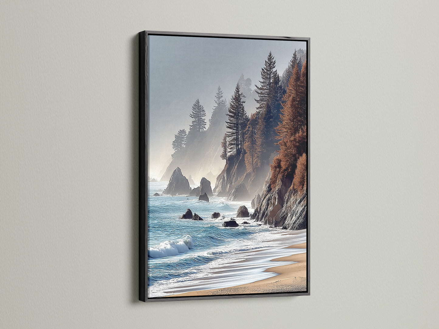 Coastal Scenery Canvas Print with a Black Frame. This seascape print offers a striking contrast with its black frame. Enhance your office wall art with this ocean view art.  Ideal for businesses seeking elevated modern wall art