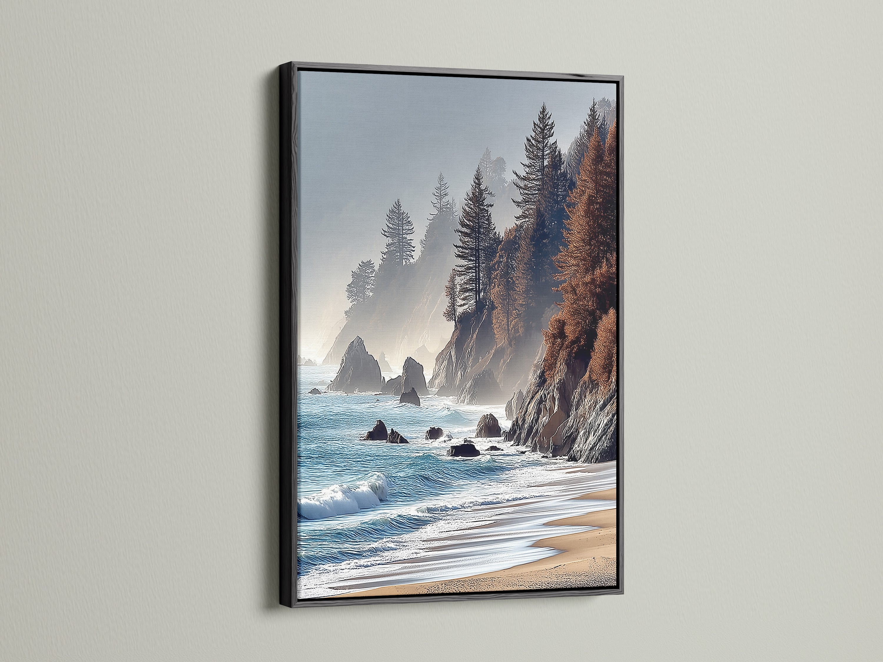 Coastal Scenery Canvas Print with a Black Frame. This seascape print offers a striking contrast with its black frame. Enhance your office wall art with this ocean view art.  Ideal for businesses seeking elevated modern wall art
