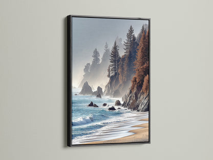 Coastal Scenery Canvas Print with a Black Frame. This seascape print offers a striking contrast with its black frame. Enhance your office wall art with this ocean view art.  Ideal for businesses seeking elevated modern wall art