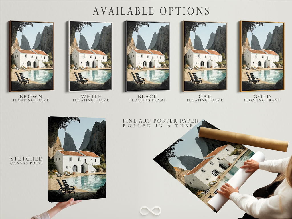 Available options include a stretched canvas print fine art poster paper and a floating frame. Select the perfect medium and style for your coastal villa artwork. Enhance your living room bedroom or vacation home with our options.