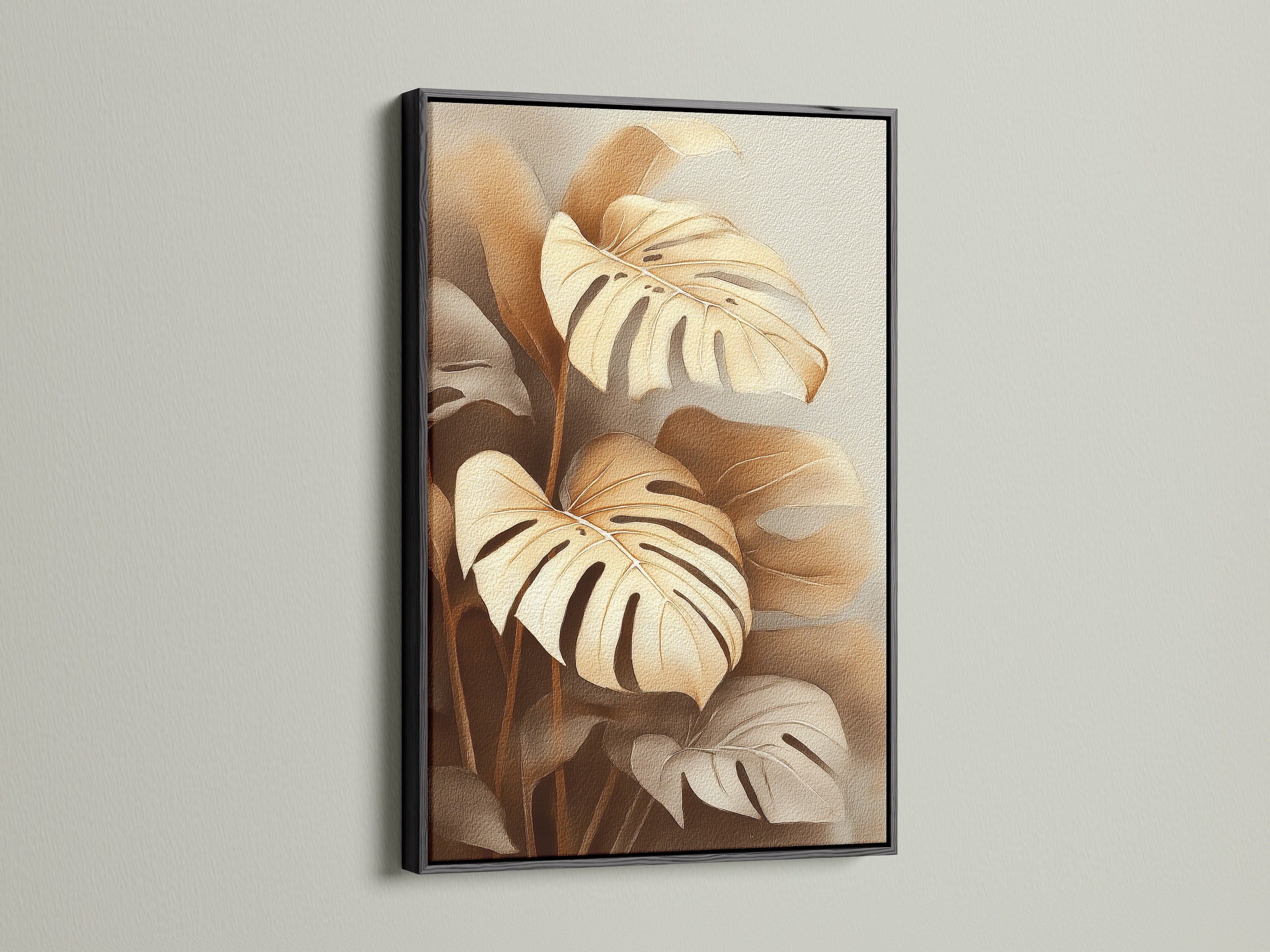 Monstera plant artwork presented in a black frame. This striking contrast enhances the artwork's details. The tropical wall art adds sophistication to your decor. Its bold frame makes a statement in any room. It is perfect for contemporary spaces.