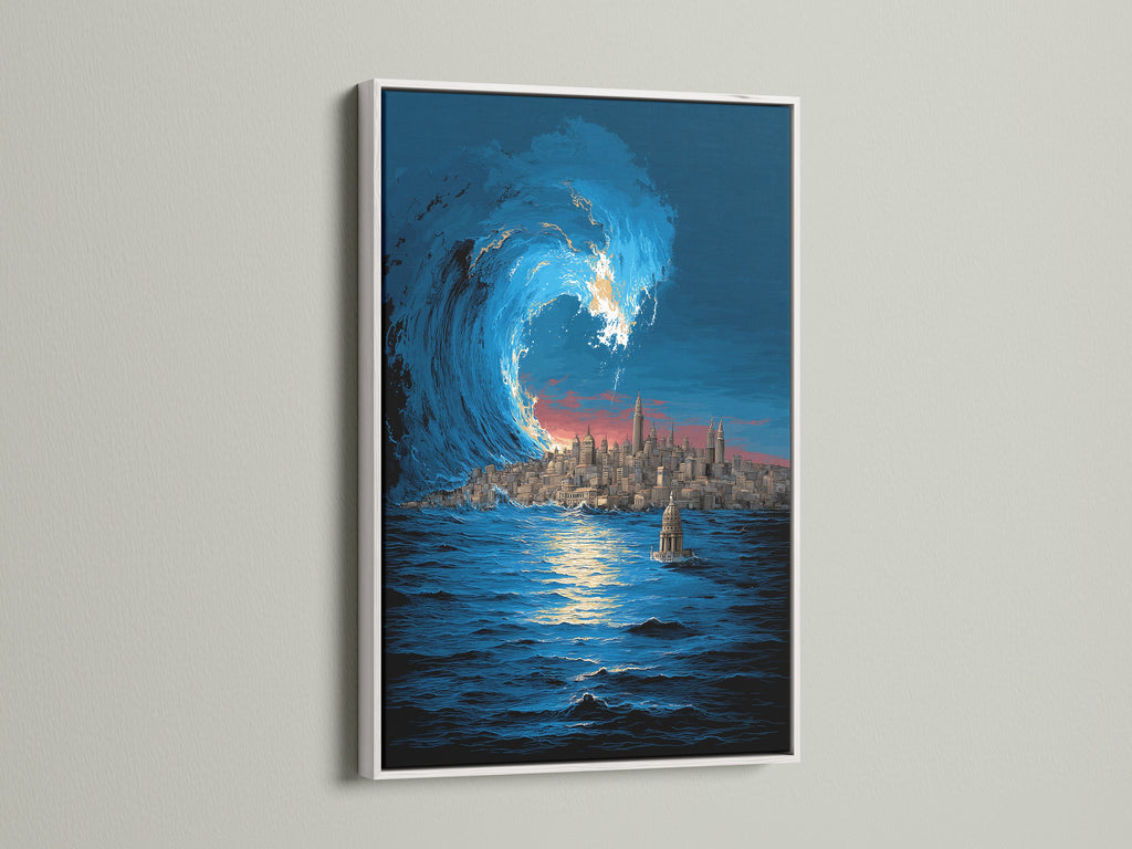 A white frame enhances a stunning ocean wave artwork print. The artwork features a dramatic seascape with the NYC skyline. This modern city art adds a fresh touch to any space. It’s perfect for creating a serene coastal atmosphere in your home or office.