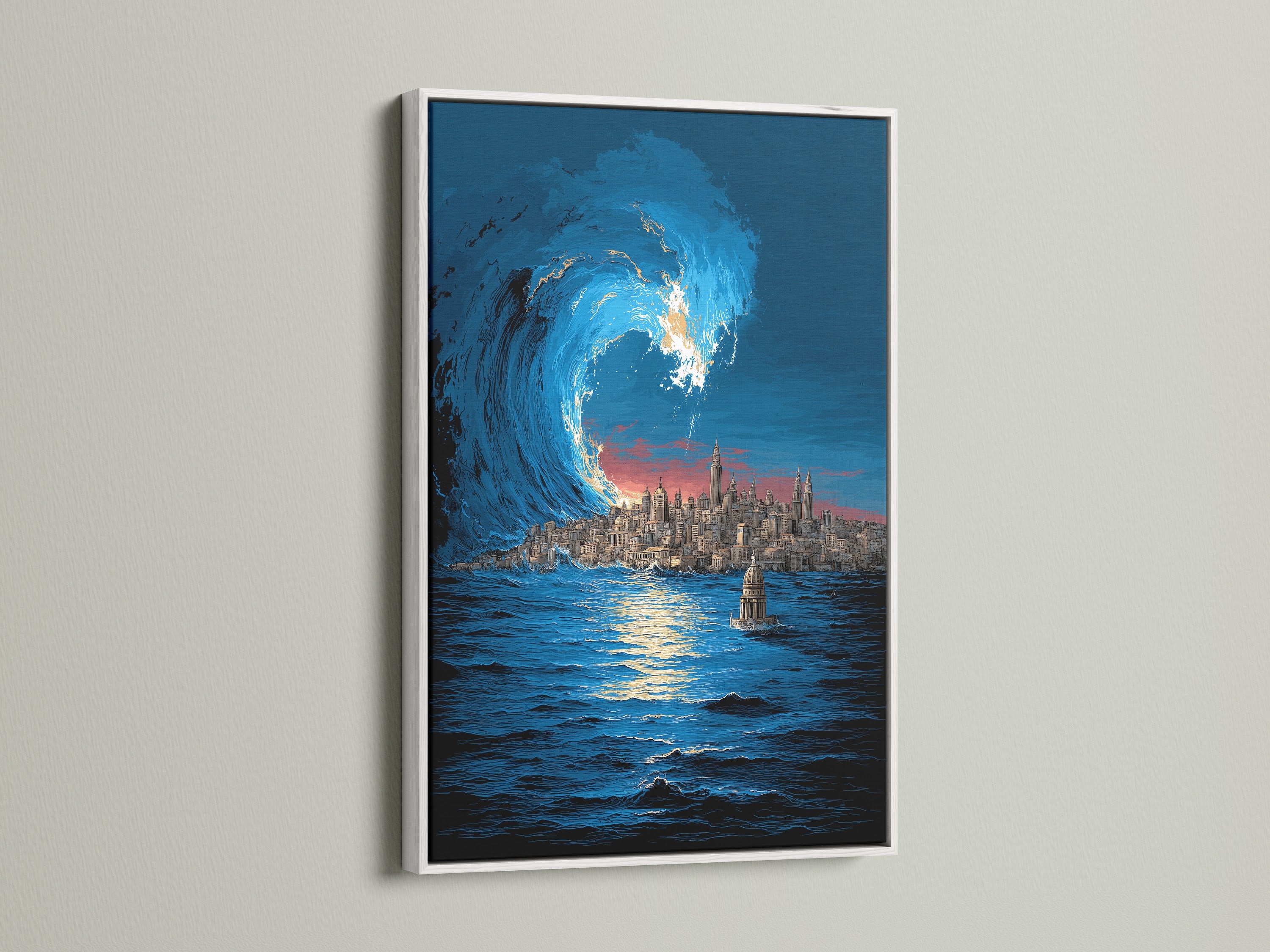 A white frame enhances a stunning ocean wave artwork print. The artwork features a dramatic seascape with the NYC skyline. This modern city art adds a fresh touch to any space. It’s perfect for creating a serene coastal atmosphere in your home or office.
