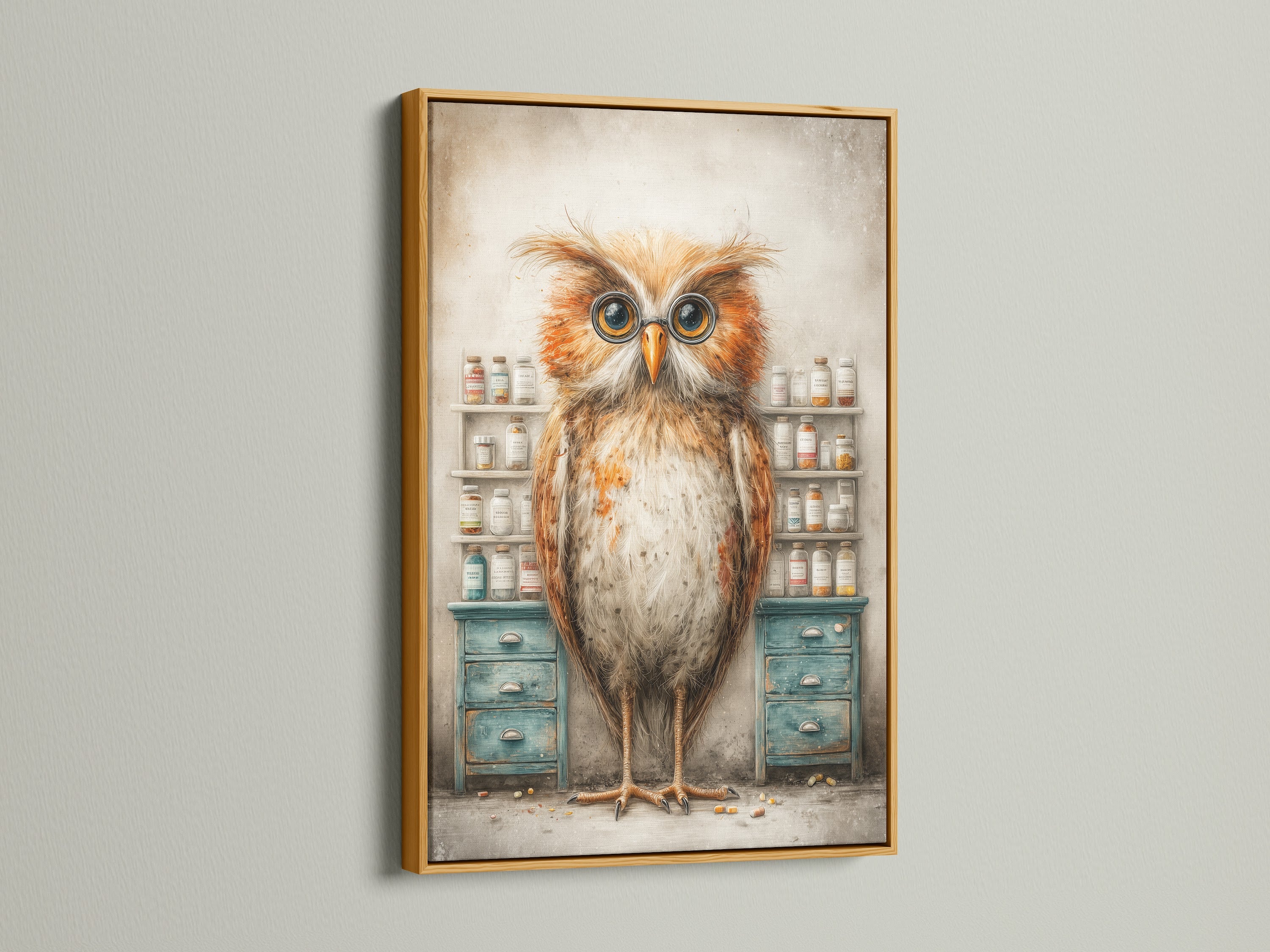 Elegant owl artwork in a gold frame. This vintage pharmacy art is a unique addition to any room. The gold frame enhances the rustic style and brown primary color. Perfect for adding a touch of sophistication to your office. Its whimsical owl artwork is captivating. Professionals and art lovers will appreciate this piece.