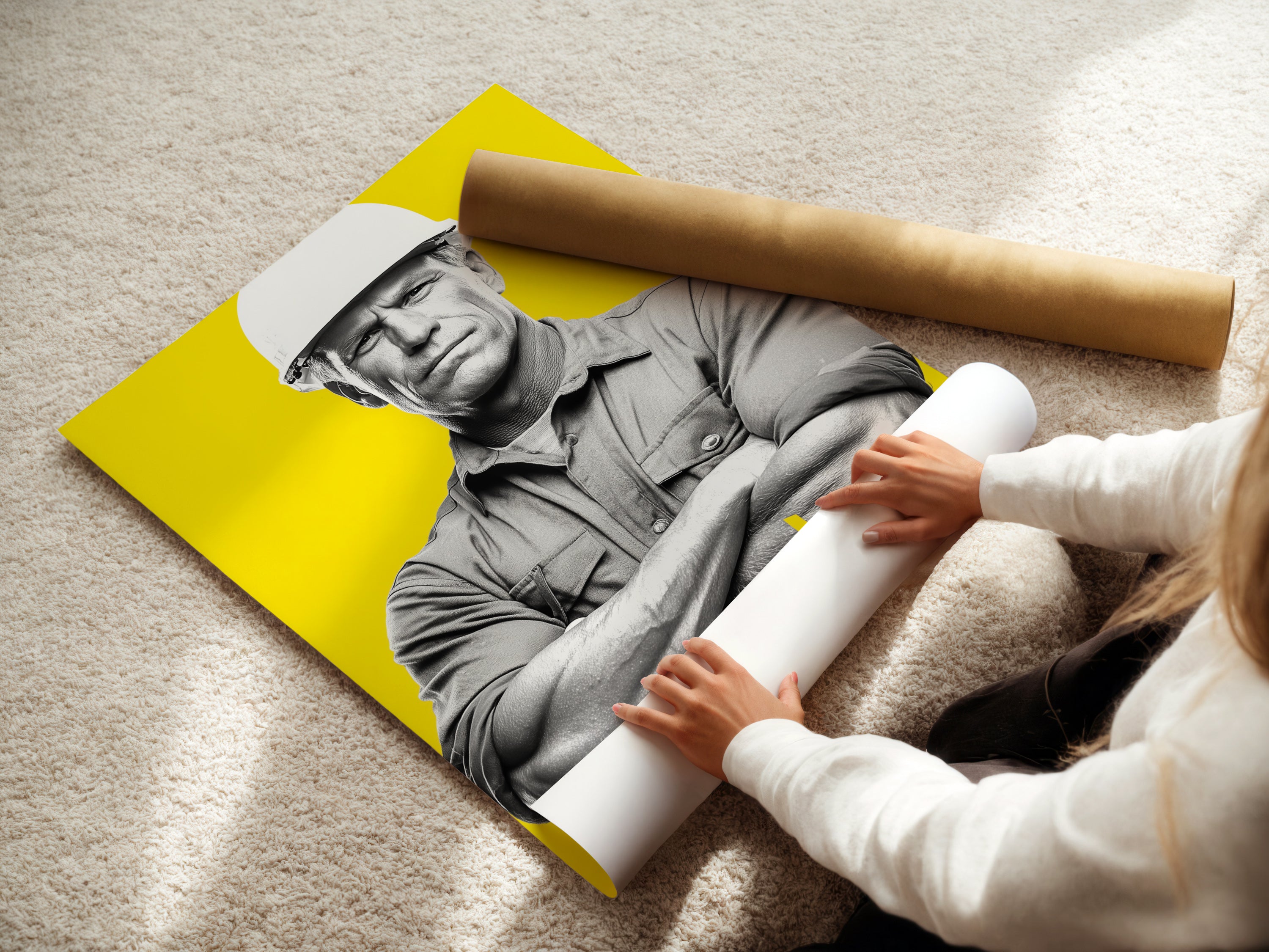 A woman is rolling a fine art poster paper. This Construction Worker artwork is an architect print. It is a great gift for engineers. This modern canvas art is yellow wall art. It is perfect for office wall decor. This worker artwork is building art.