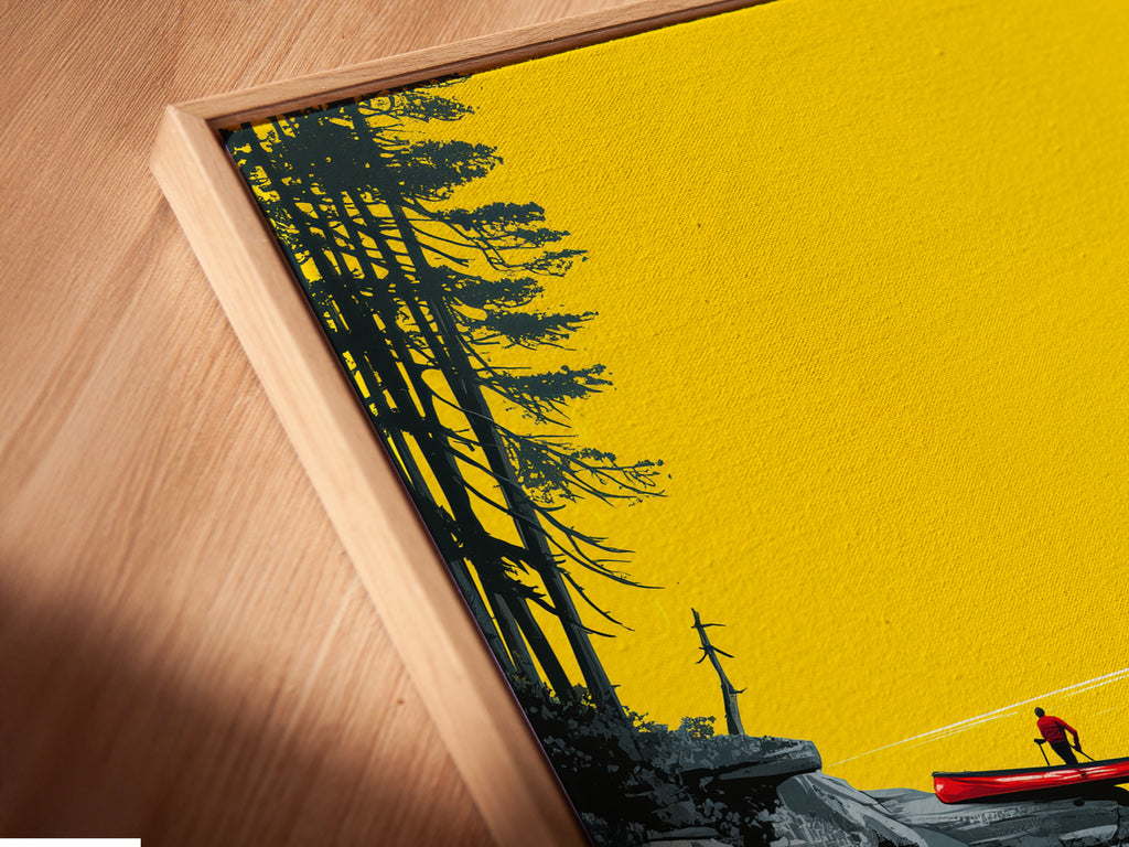 Angled close-up of a River Kayak canvas artwork in a floating frame. The artwork features a serene river scene with a lone kayaker. Perfect modern landscape artwork for your office or living room. 