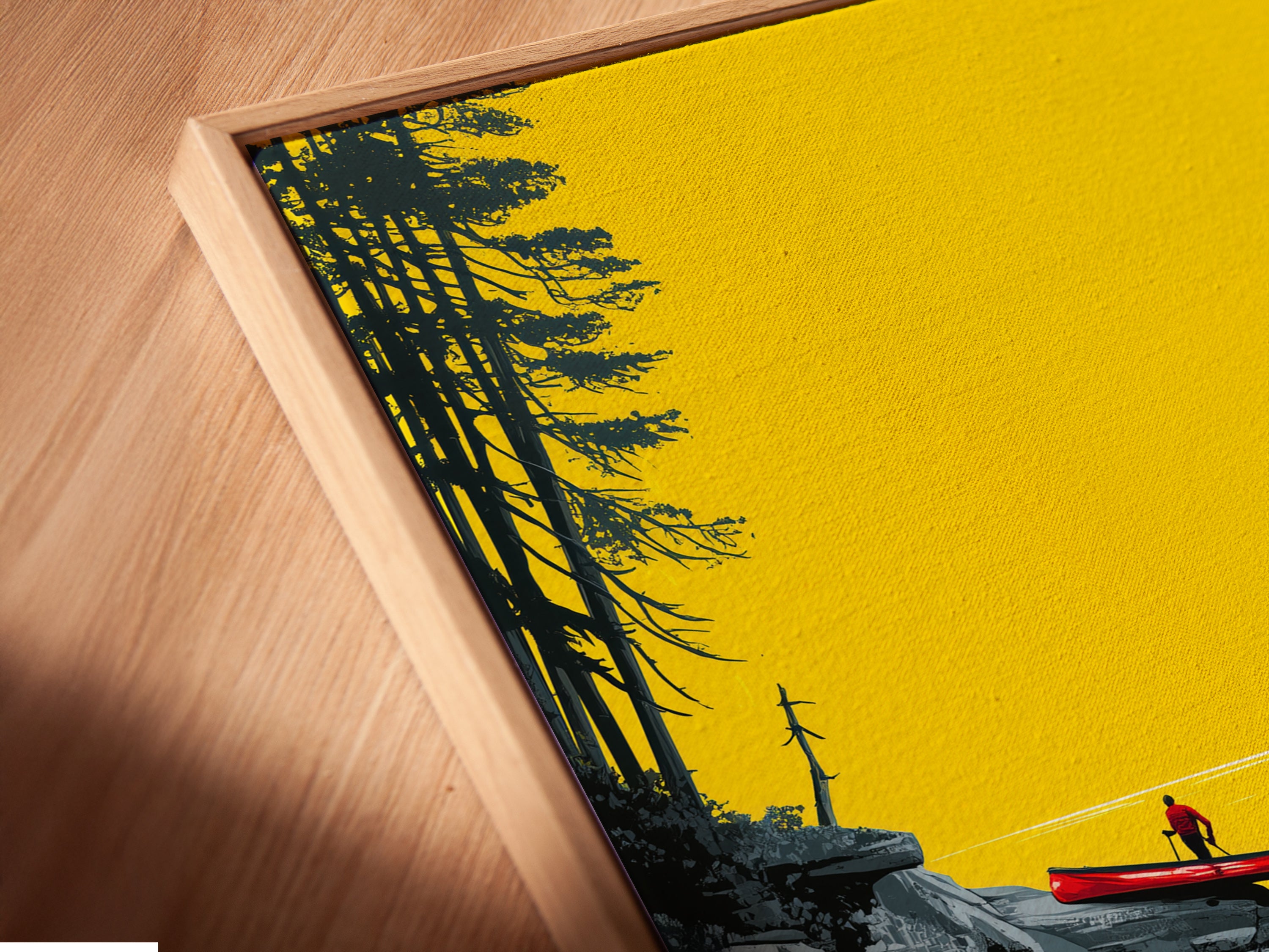 Angled close-up of a River Kayak canvas artwork in a floating frame. The artwork features a serene river scene with a lone kayaker. Perfect modern landscape artwork for your office or living room. 
