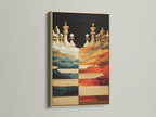 The oak frame enhances the chess art canvas print. This modern board game artwork suits a game room. The natural wood complements the teal and orange tones. Ideal for wall decor.