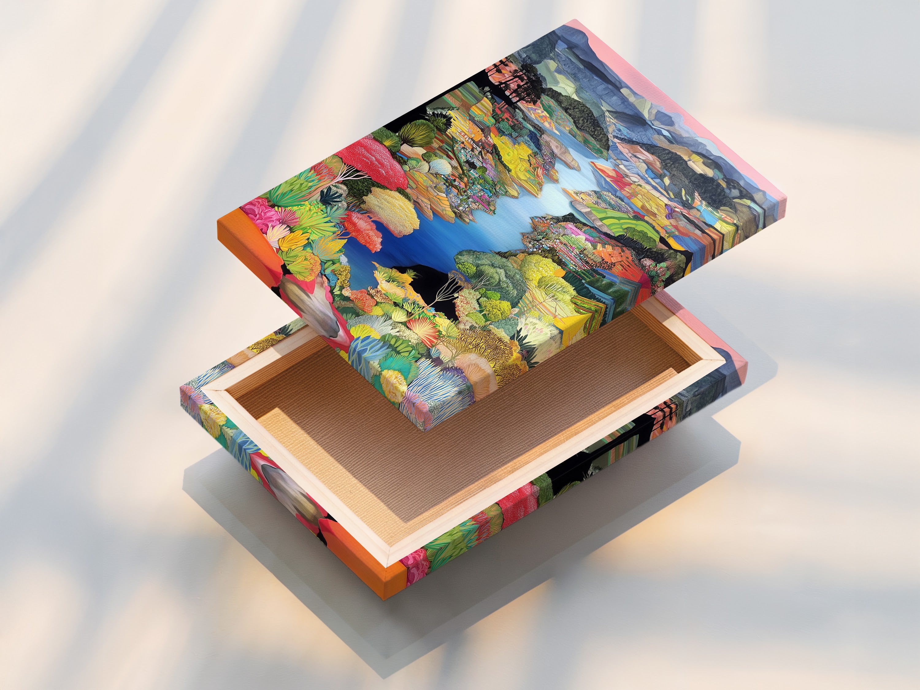 This is a stretched canvas print of a colorful landscape artwork. The modern nature artwork is ready to hang. This vibrant art print adds a contemporary touch. Enhance your home wall decor with this scenic landscape. It makes a stunning focal point