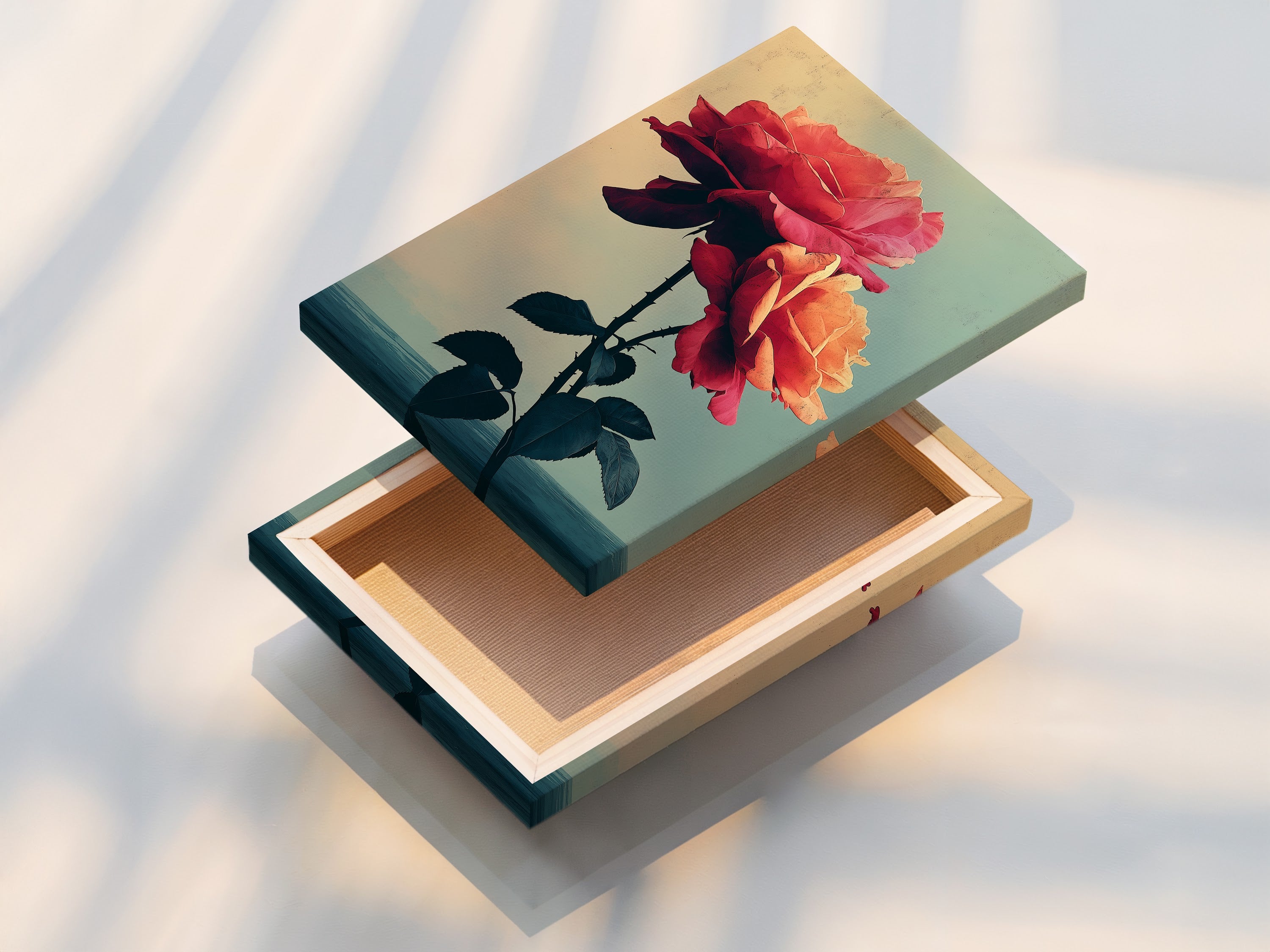A stretched canvas print of a vintage floral rose artwork is displayed. The botanical flower poster features peach and coral tones. Ideal for adding a touch of grace and timeless appeal to any room. This rose artwork enhances bedroom decor or living spaces. Perfect for interior decorators.