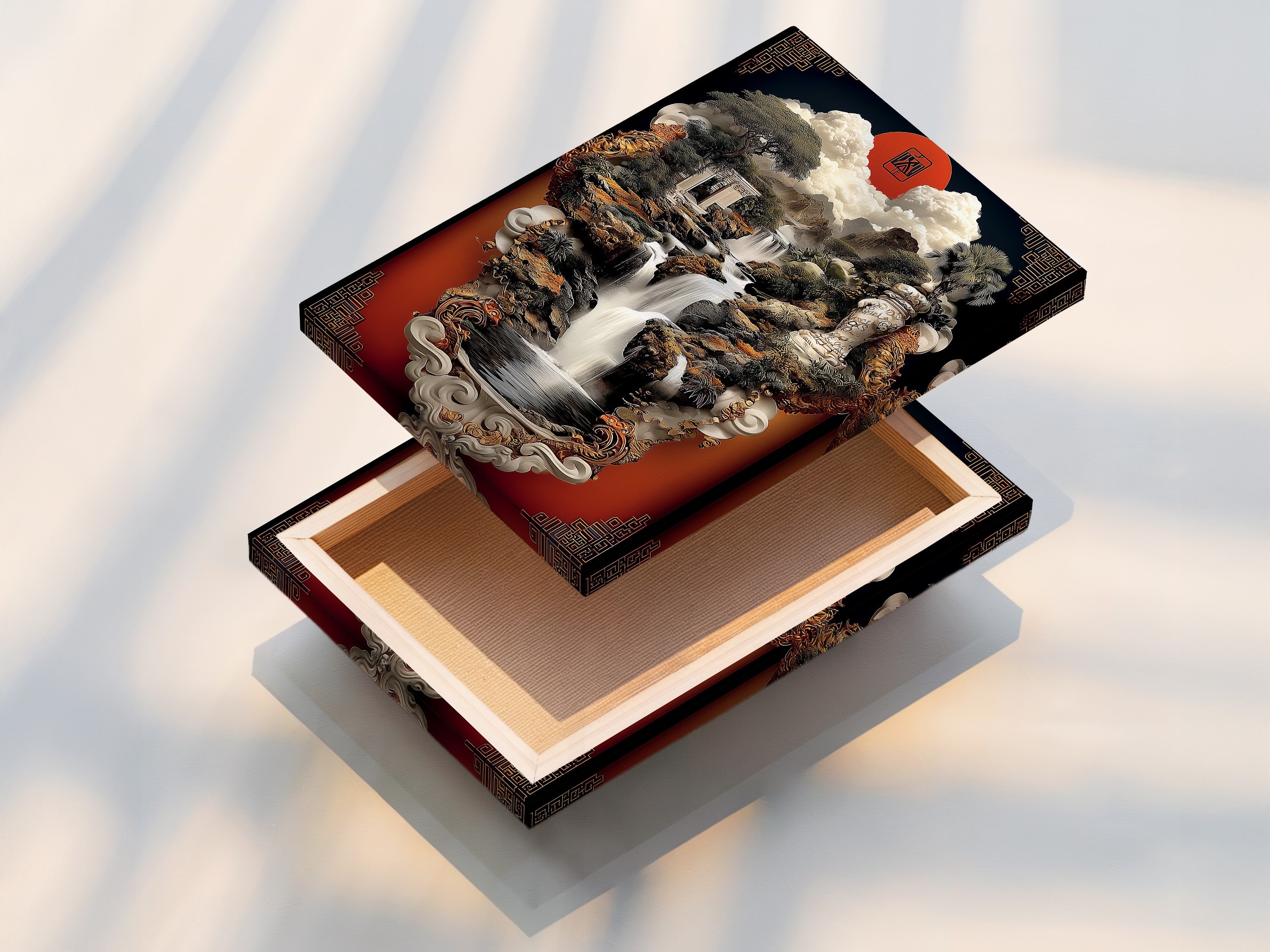 Stretched canvas print featuring Asian Zen Garden Wall Art. The oriental style artwork offers serene scenery. Perfect for meditation decor and spiritual artwork. See how this calming art enhances your space. Tranquil and peaceful.