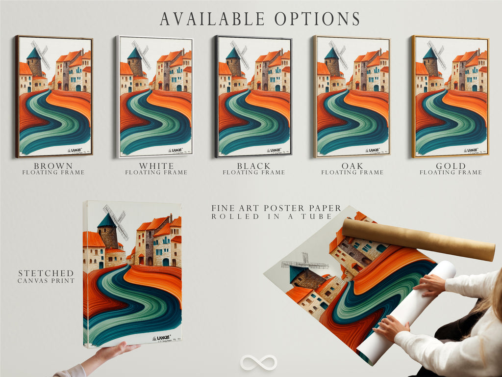 Explore available options for the whimsical village artwork. Options include a stretched canvas print a fine art poster paper and a floating frame. The abstract landscape combines teal and terracotta colors. Find the perfect format to enhance your modern home decor.