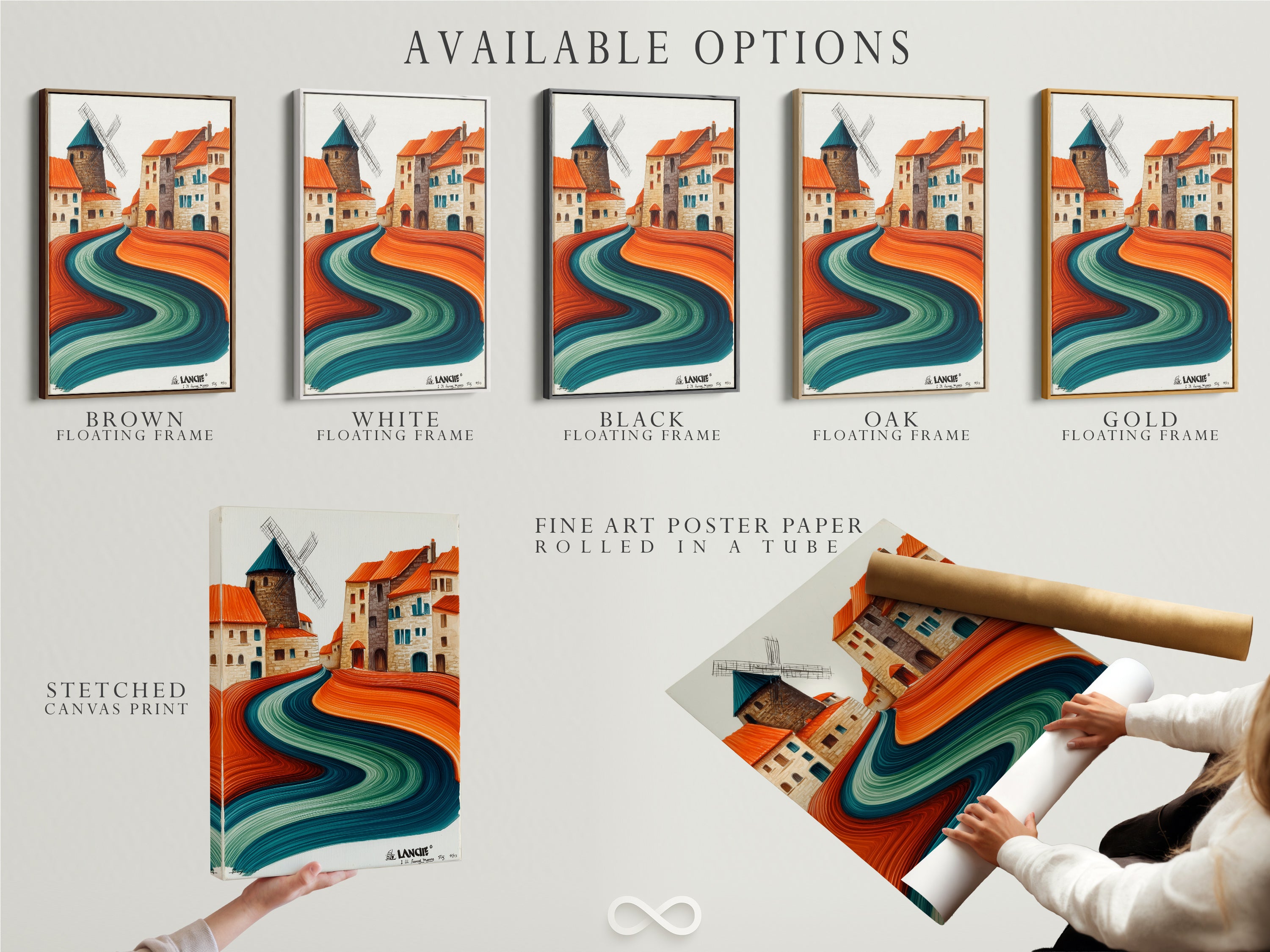 Explore available options for the whimsical village artwork. Options include a stretched canvas print a fine art poster paper and a floating frame. The abstract landscape combines teal and terracotta colors. Find the perfect format to enhance your modern home decor.