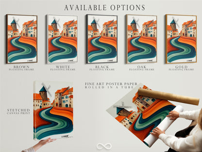 Explore available options for the whimsical village artwork. Options include a stretched canvas print a fine art poster paper and a floating frame. The abstract landscape combines teal and terracotta colors. Find the perfect format to enhance your modern home decor.