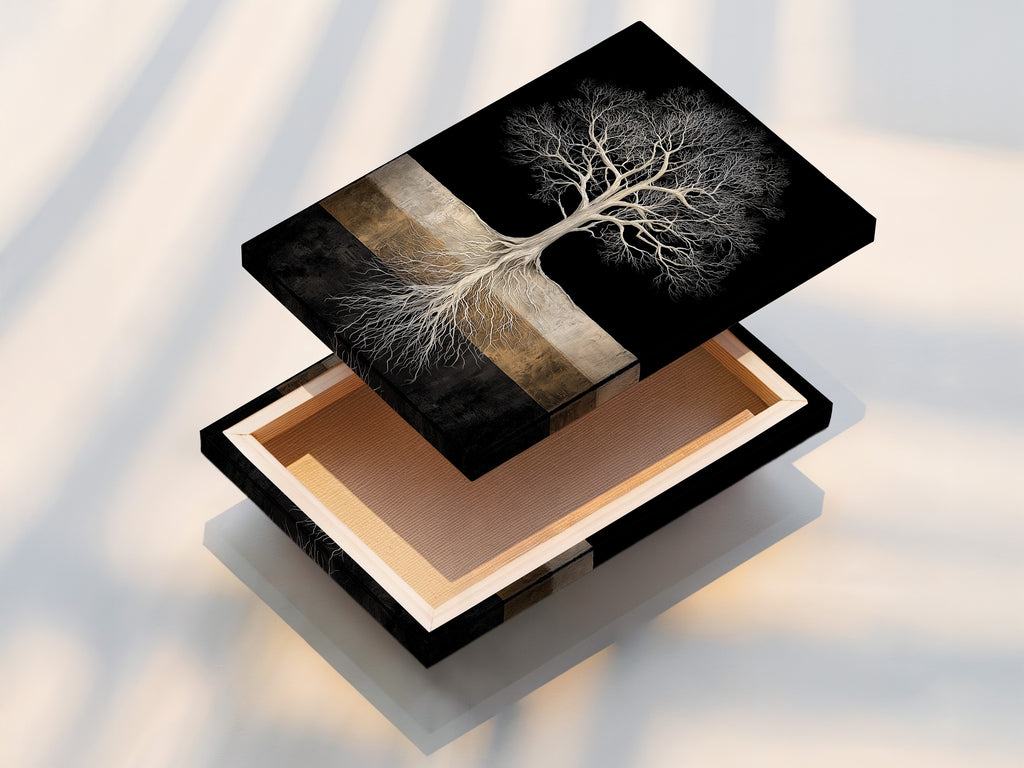 A stretched canvas print of the Tree of Life art. The stretched canvas provides a gallery-worthy look. This black and gold wall art is ready to hang. The contemporary nature artwork becomes a focal point. It adds sophistication to any space.