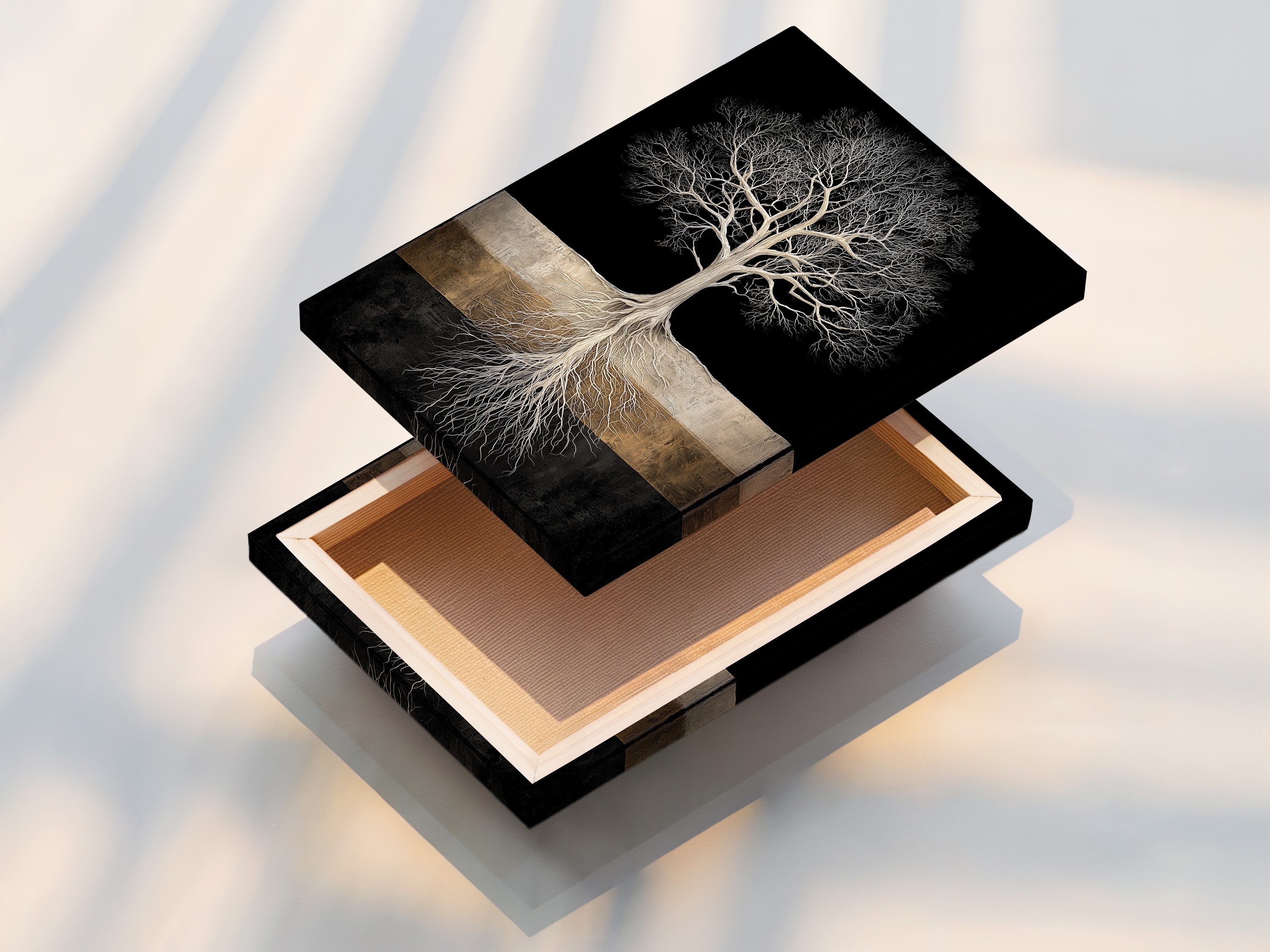 A stretched canvas print of the Tree of Life art. The stretched canvas provides a gallery-worthy look. This black and gold wall art is ready to hang. The contemporary nature artwork becomes a focal point. It adds sophistication to any space.