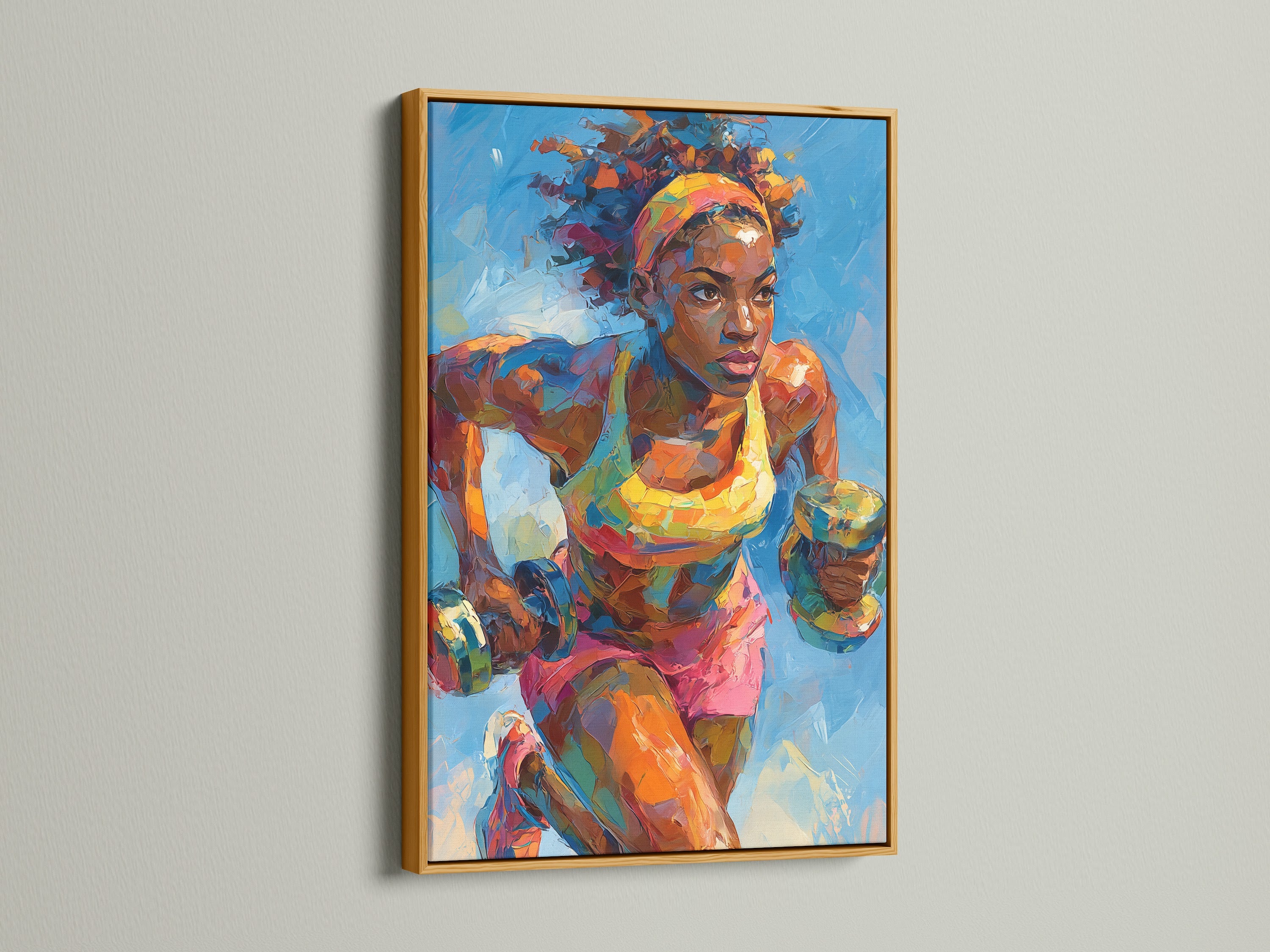 This image features the female boxer artwork in a gold frame. The gold frame adds a touch of luxury to the sports wall art. The artwork is great for a gym or office. A sophisticated choice for any art lover. This athletic woman painting is a statement piece.