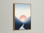 Sunrise Mountain artwork in a gold frame. The minimalist landscape print exudes sophistication. The gold frame enhances the serene pathway artwork. This art is ideal for adding a touch of luxury to any space.