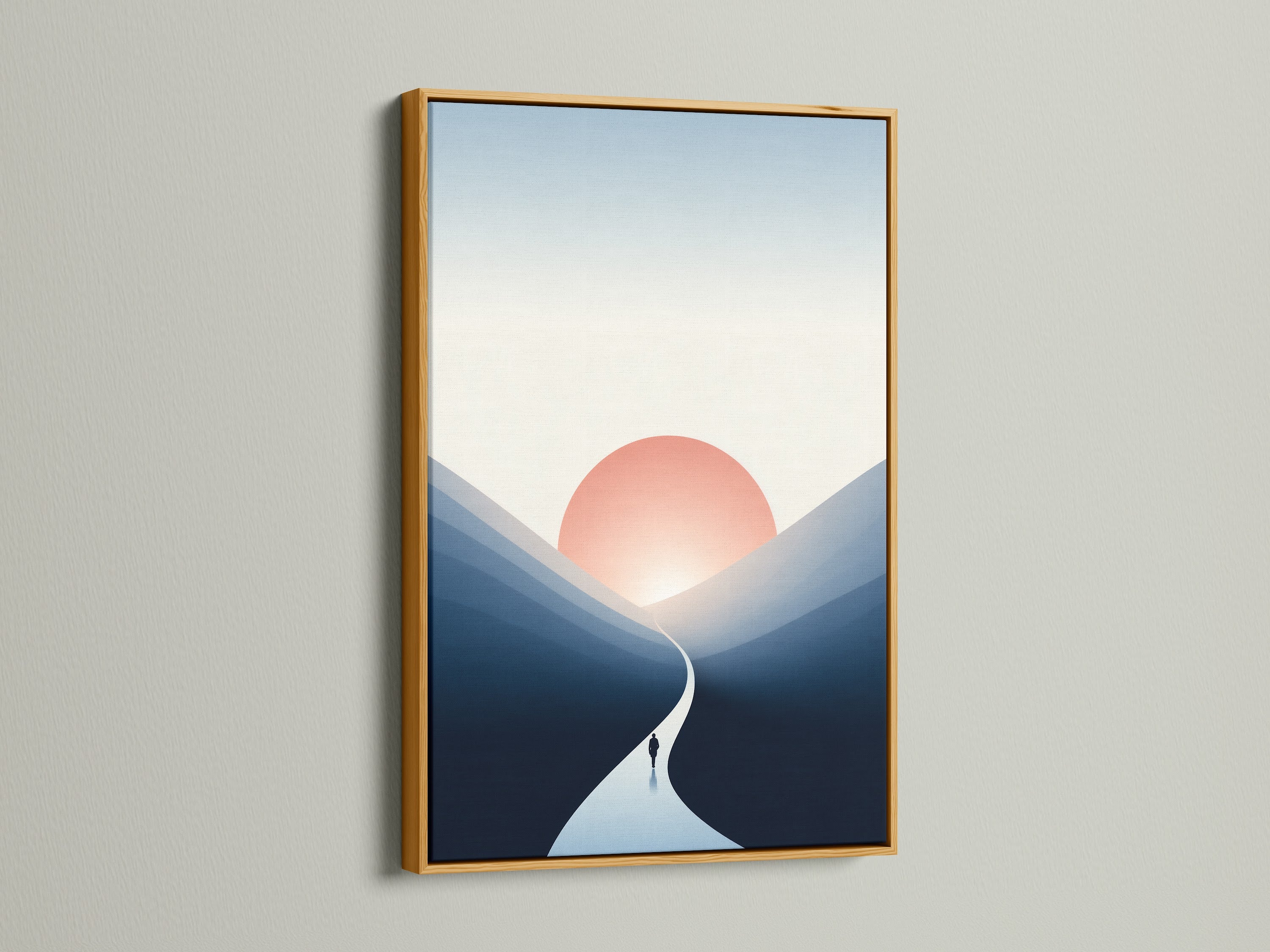 Sunrise Mountain artwork in a gold frame. The minimalist landscape print exudes sophistication. The gold frame enhances the serene pathway artwork. This art is ideal for adding a touch of luxury to any space.