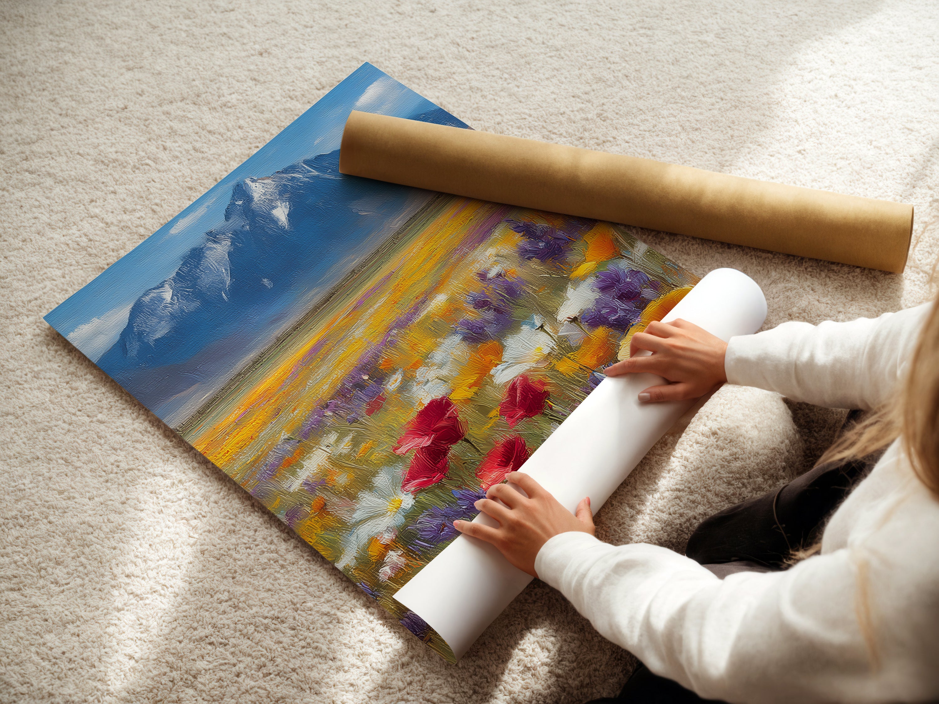 A woman carefully rolling a fine art poster paper. Showcasing the care and quality of our wildflower meadow artwork. Our fine art posters capture the beauty of the mountain landscape. The colorful poppy field print is perfect for any space. Experience the vibrant detail and artistry of our botanical wall art.