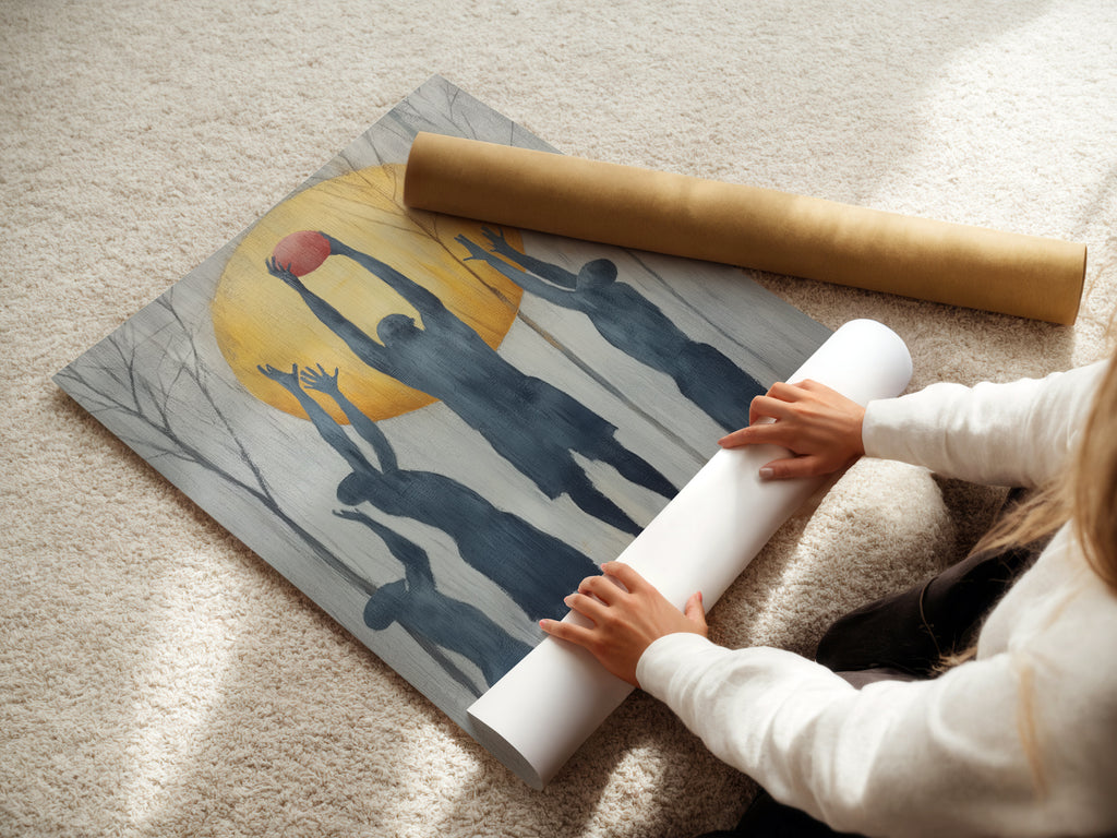 A woman carefully rolls a fine art poster paper print. The basketball silhouette artwork is ready for framing. Choose this sports wall art for a touch of team spirit. Perfect for boys room decor or a modern game room. Explore our athletic artwork options for your space today. Decorate with style.