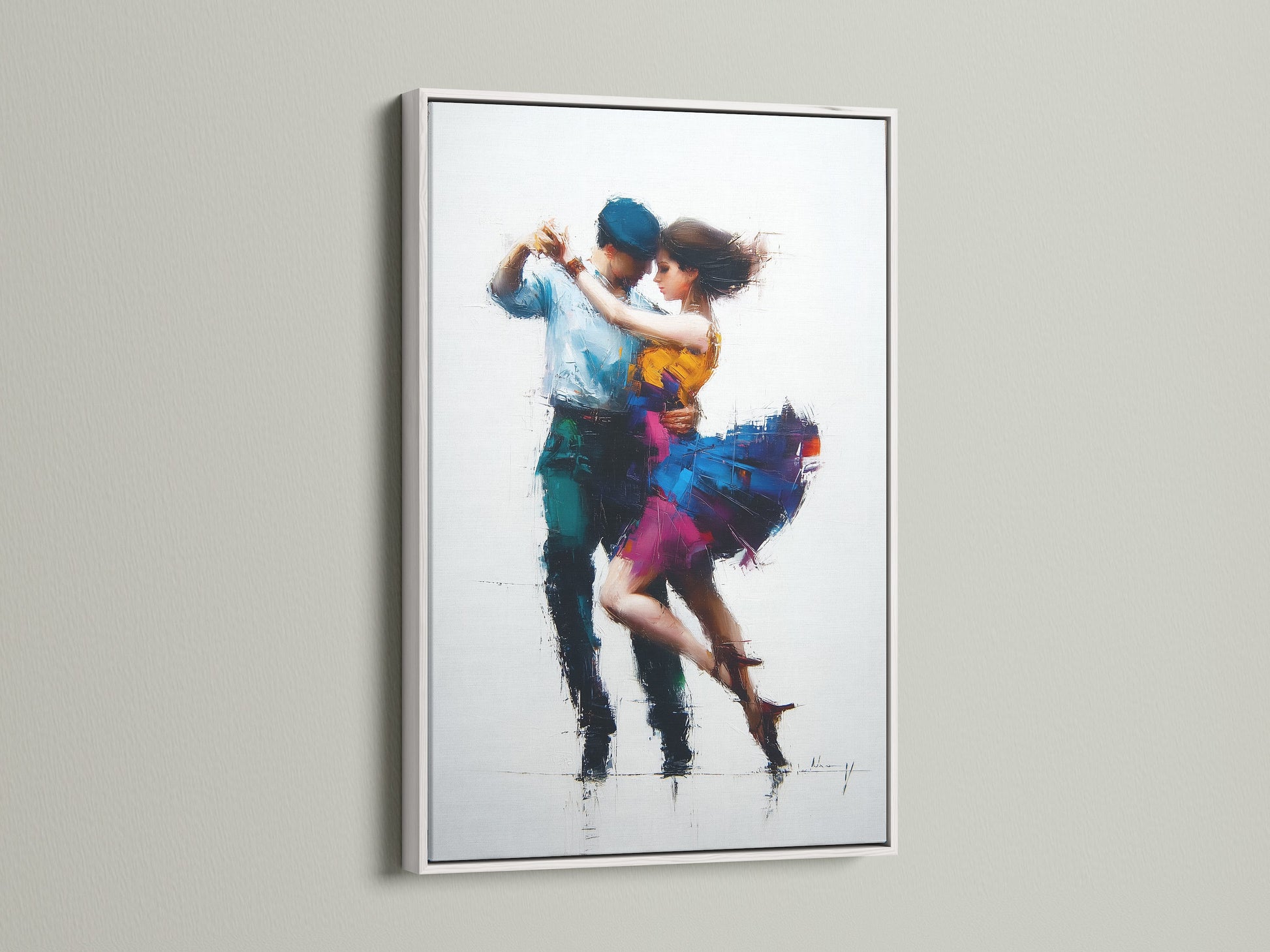 Artwork on display is a couple dancing. The white frame provides a clean modern look. This artwork will complement various decor styles. It's ideal for adding a touch of sophistication. Consider this artwork to brighten up your home.