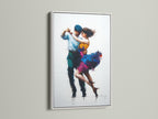 This artwork looks great in a white frame. The art print features a dancing couple. The white frame offers a clean modern look. It complements various interior styles. Showcase your art with this timeless frame option. Add a touch of elegance to your space.