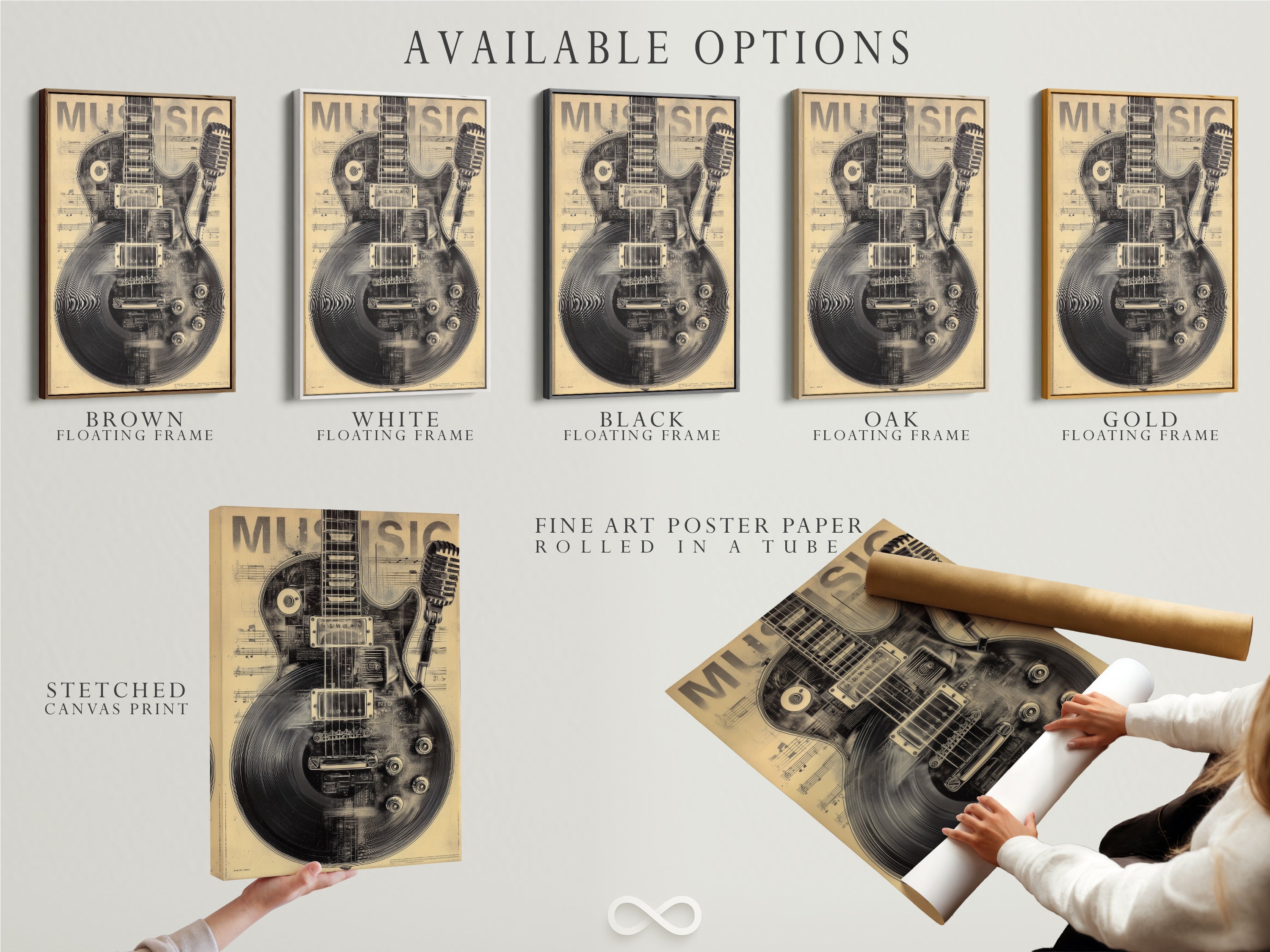 Available options for vintage guitar music artwork are displayed. Choose from a stretched canvas print fine art poster paper or a floating frame. Customize your musical instrument poster. Ideal for music enthusiasts and musicians.
