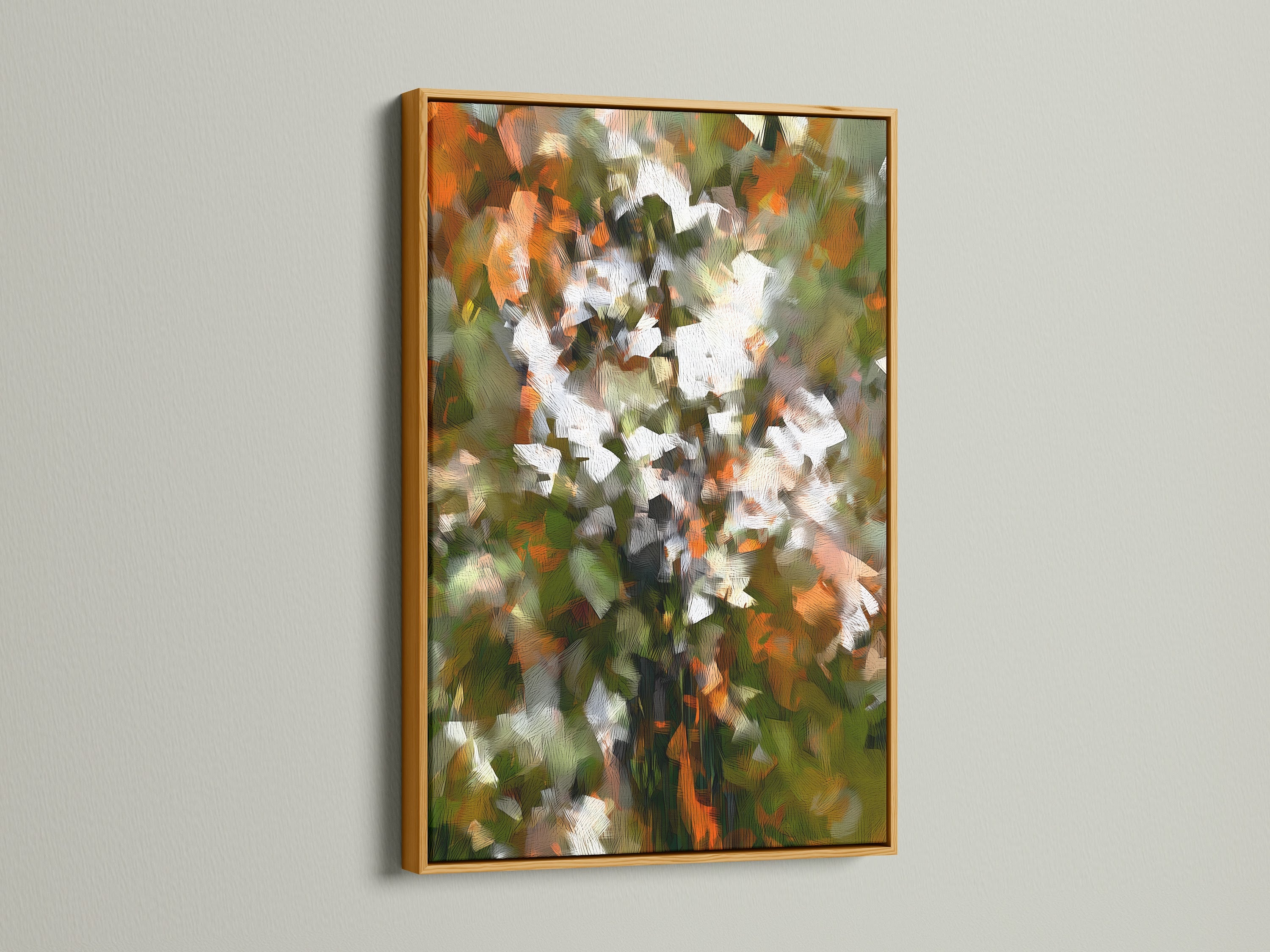This gold frame highlights a stunning abstract floral art piece. The artwork has orange green and white elements. It brings a touch of elegance to any room. Ideal for art collectors and homeowners. Transform your living space with this contemporary print.