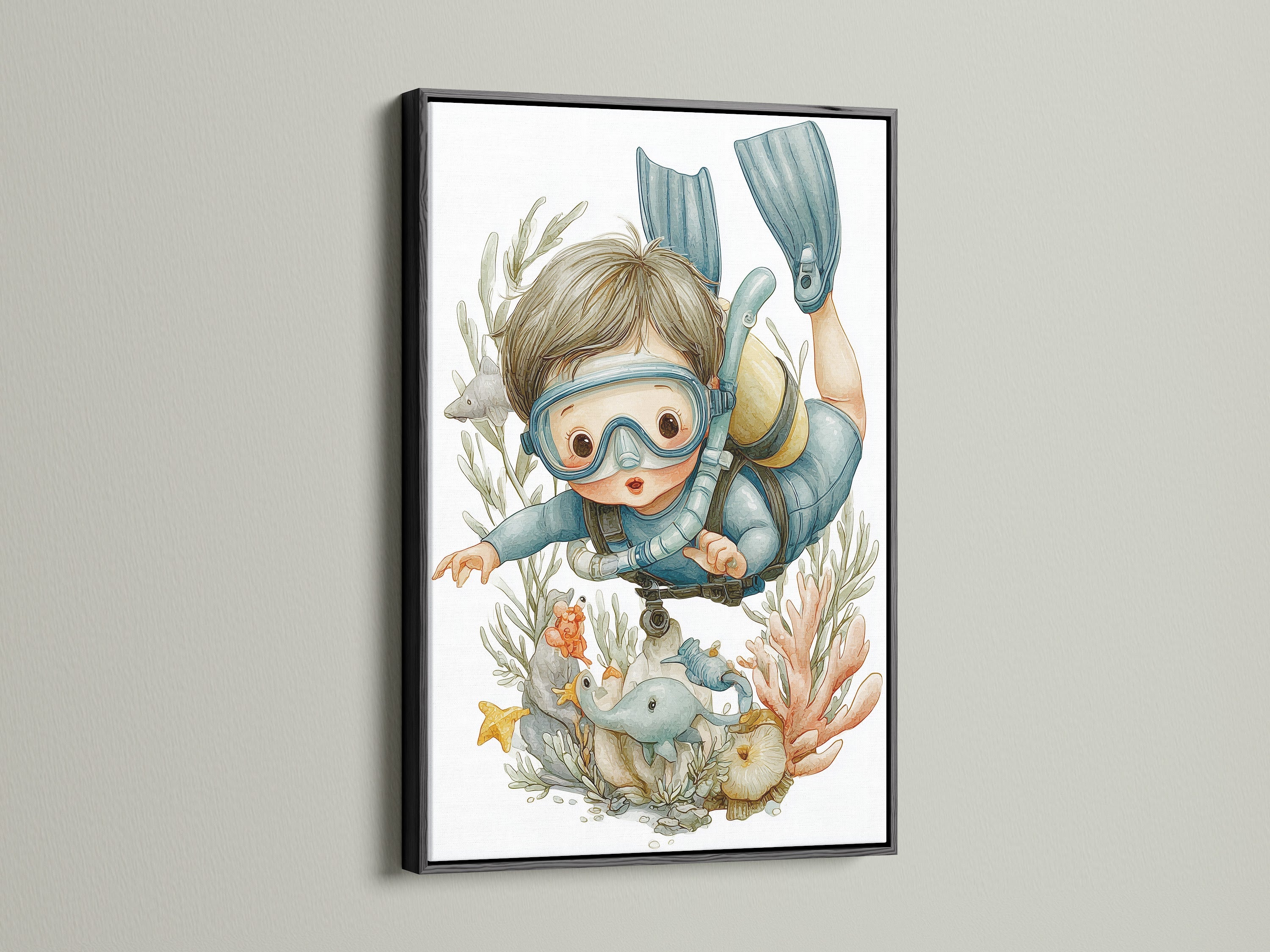 A black frame highlights this scuba diving kids art print. The contrast enhances the marine life art. This diving artwork adds a modern touch to your decor. An excellent choice for ocean wall decor in bedrooms or playrooms. A great way to bring the ocean indoors.