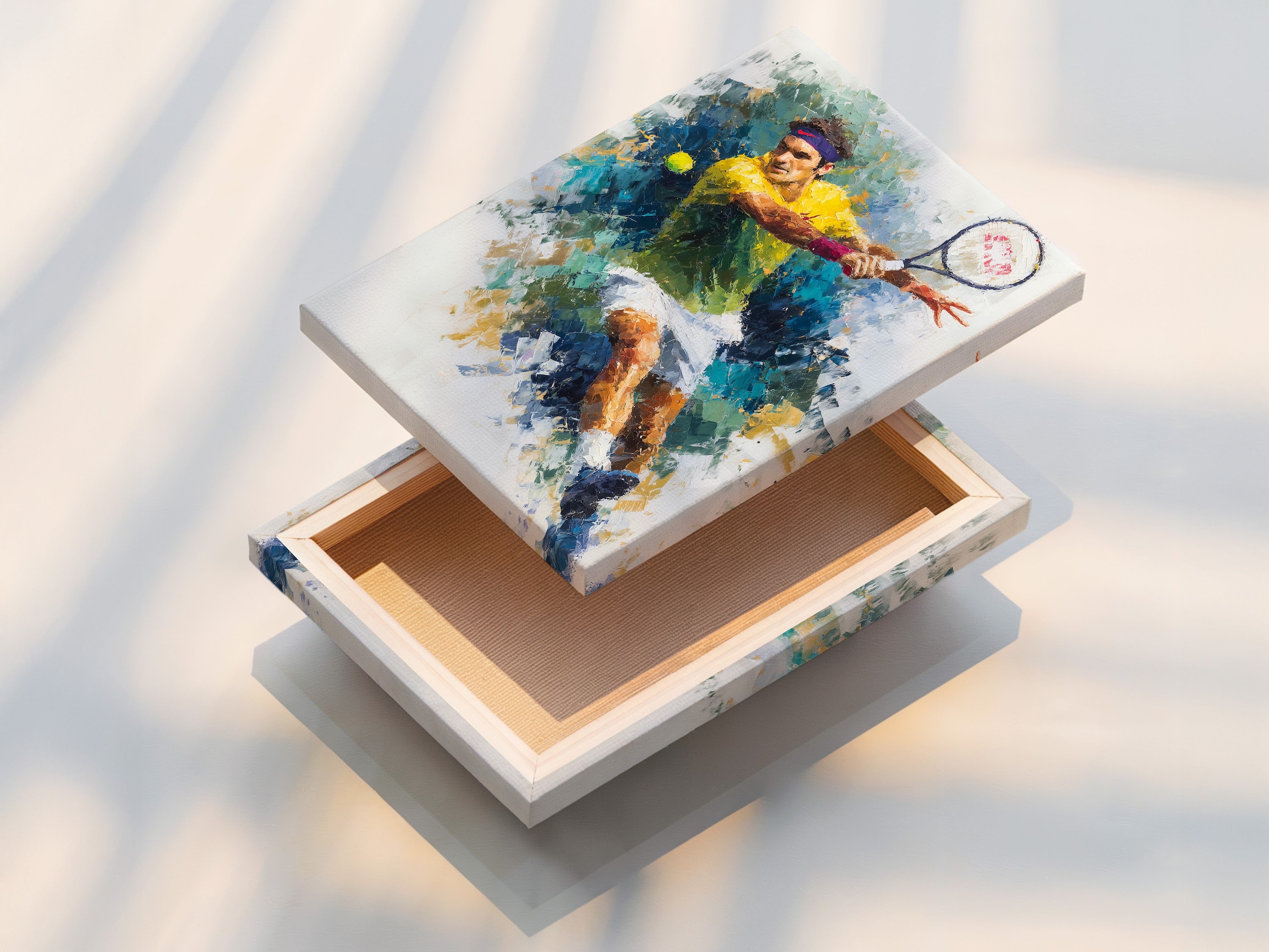 This is a stretched canvas print of a tennis player artwork. The abstract sports wall art enhances any space. The watercolor tennis print is perfect for game room decor. The athletic home wall art adds a modern touch. Ideal for sports enthusiasts and athletes.