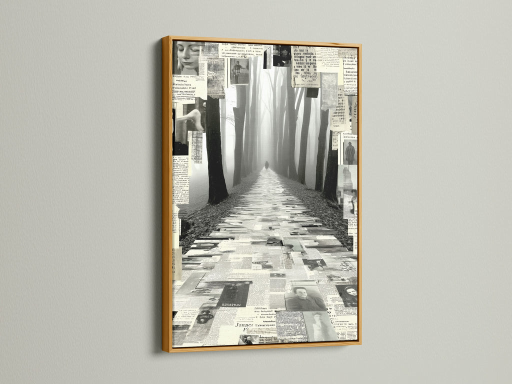 Experience the elegance of a Foggy Forest Path print with a gold frame. This monochrome artwork will add sophistication to any room. The collage art evokes a sense of mystery. Perfect for modern minimalist Scandinavian coastal and rustic interiors. Elevate your living space with this woodland wall art.