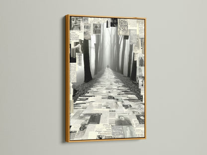 Experience the elegance of a Foggy Forest Path print with a gold frame. This monochrome artwork will add sophistication to any room. The collage art evokes a sense of mystery. Perfect for modern minimalist Scandinavian coastal and rustic interiors. Elevate your living space with this woodland wall art.