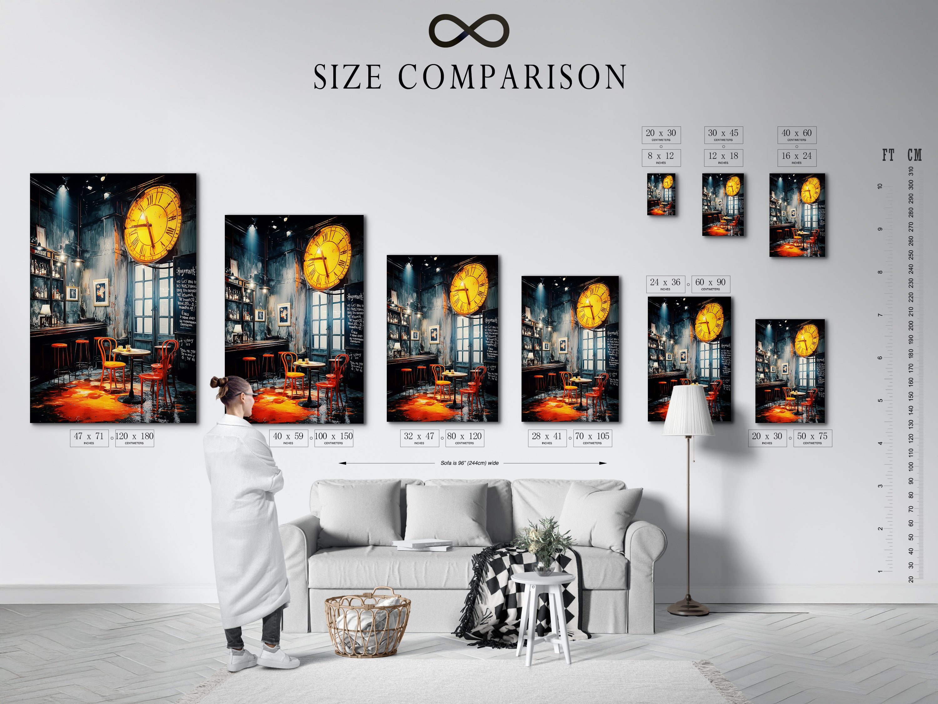 Size comparison chart featuring the Vintage Bar Canvas Print in an interior setting. See how this artwork fits in various room sizes. Visualize the impact of this orange and teal art. Transform your space today.