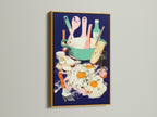 Breakfast Still Life artwork is elegantly framed in gold. The kitchen art captures eggs toast and utensils with pink green and blue accents. A foodie print that brings culinary charm to any space. Perfect for adding a touch of modern color.