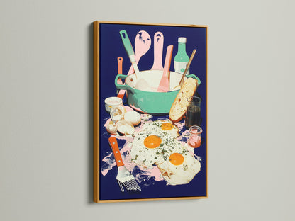 Breakfast Still Life artwork is elegantly framed in gold. The kitchen art captures eggs toast and utensils with pink green and blue accents. A foodie print that brings culinary charm to any space. Perfect for adding a touch of modern color.