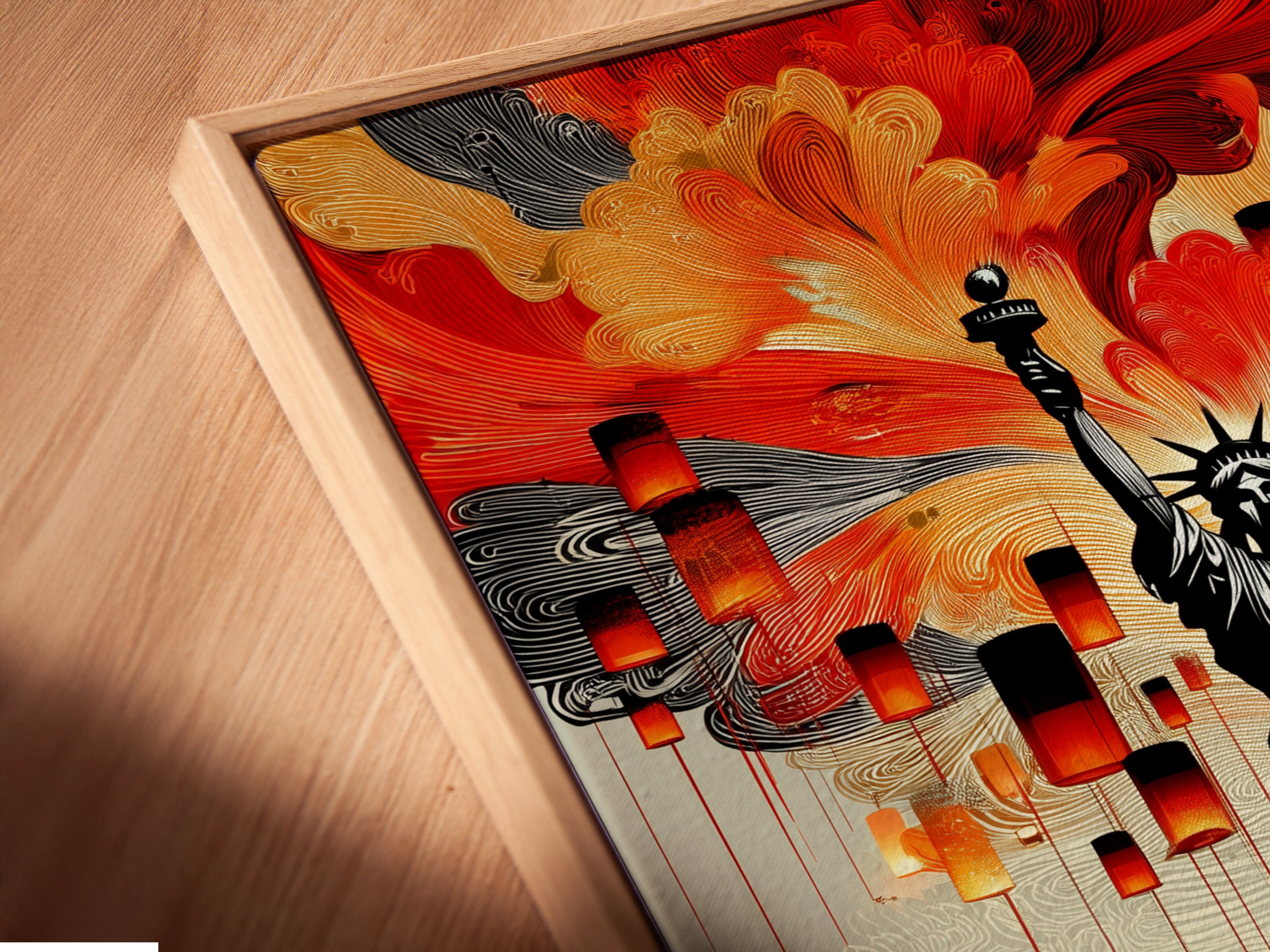 A close-up view of the Statue of Liberty canvas print in a floating frame. The floating frame gives the artwork a gallery-like appearance. See the depth and details of this modern American artwork. Ideal for contemporary wall decor.