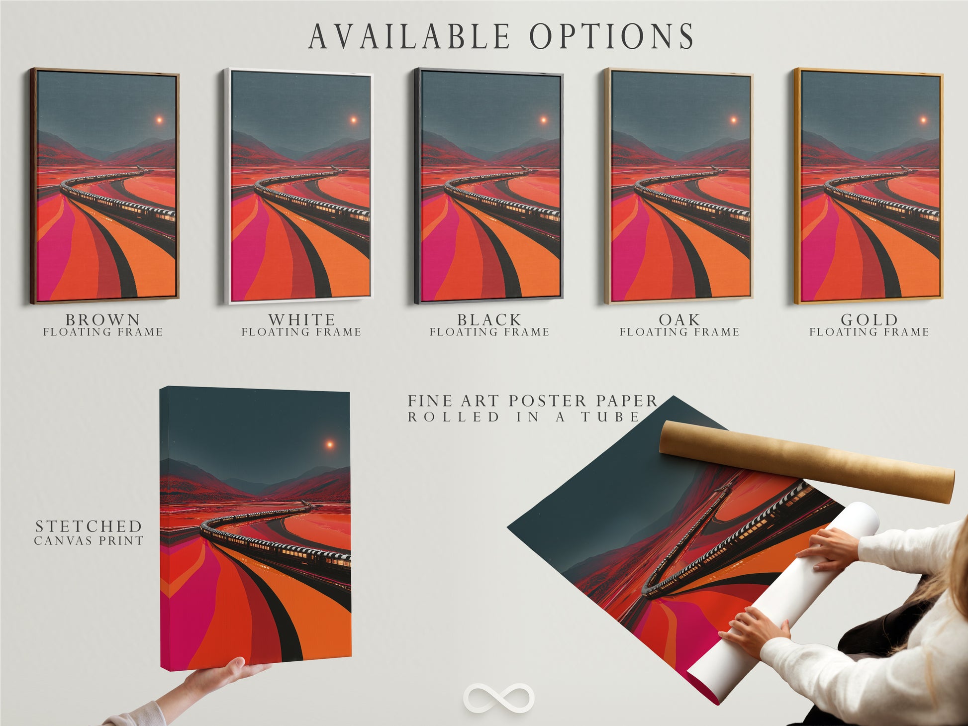 Available options for the Train Journey artwork. Choose from stretched canvas print fine art poster paper or floating frame. Customize your retro railroad wall artwork. Earth tone decor to suit your style.